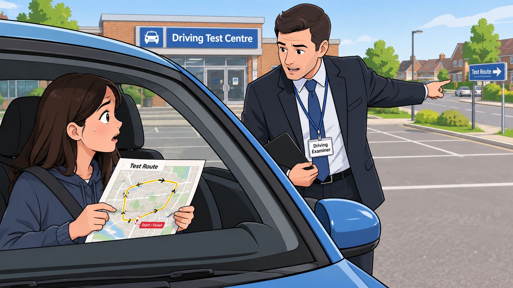 A driving examiner instructs a nervous student holding a test route map outside a driving test centre.