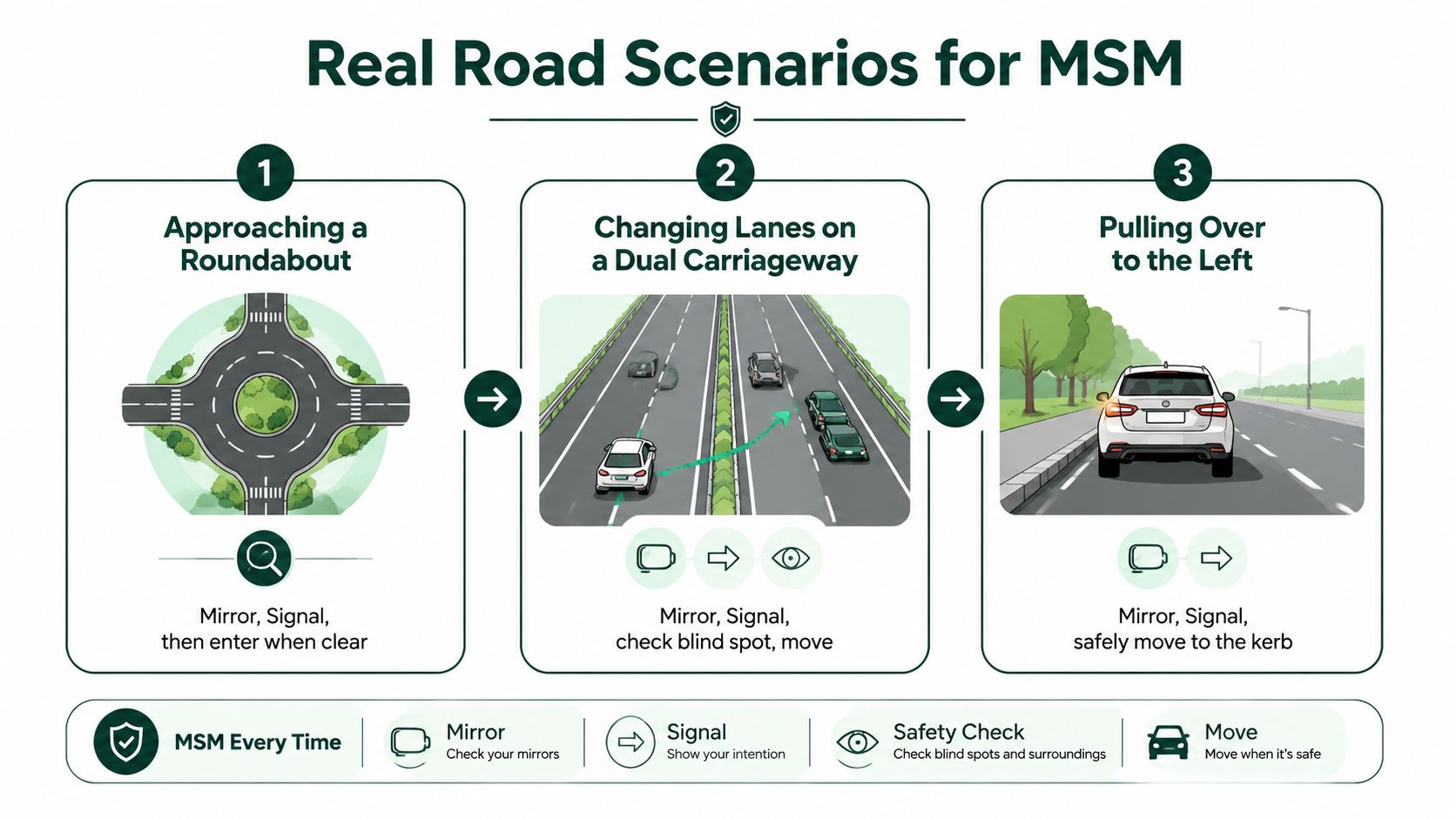 An infographic showing the Mirror, Signal, and Move technique applied to three common road driving scenarios.