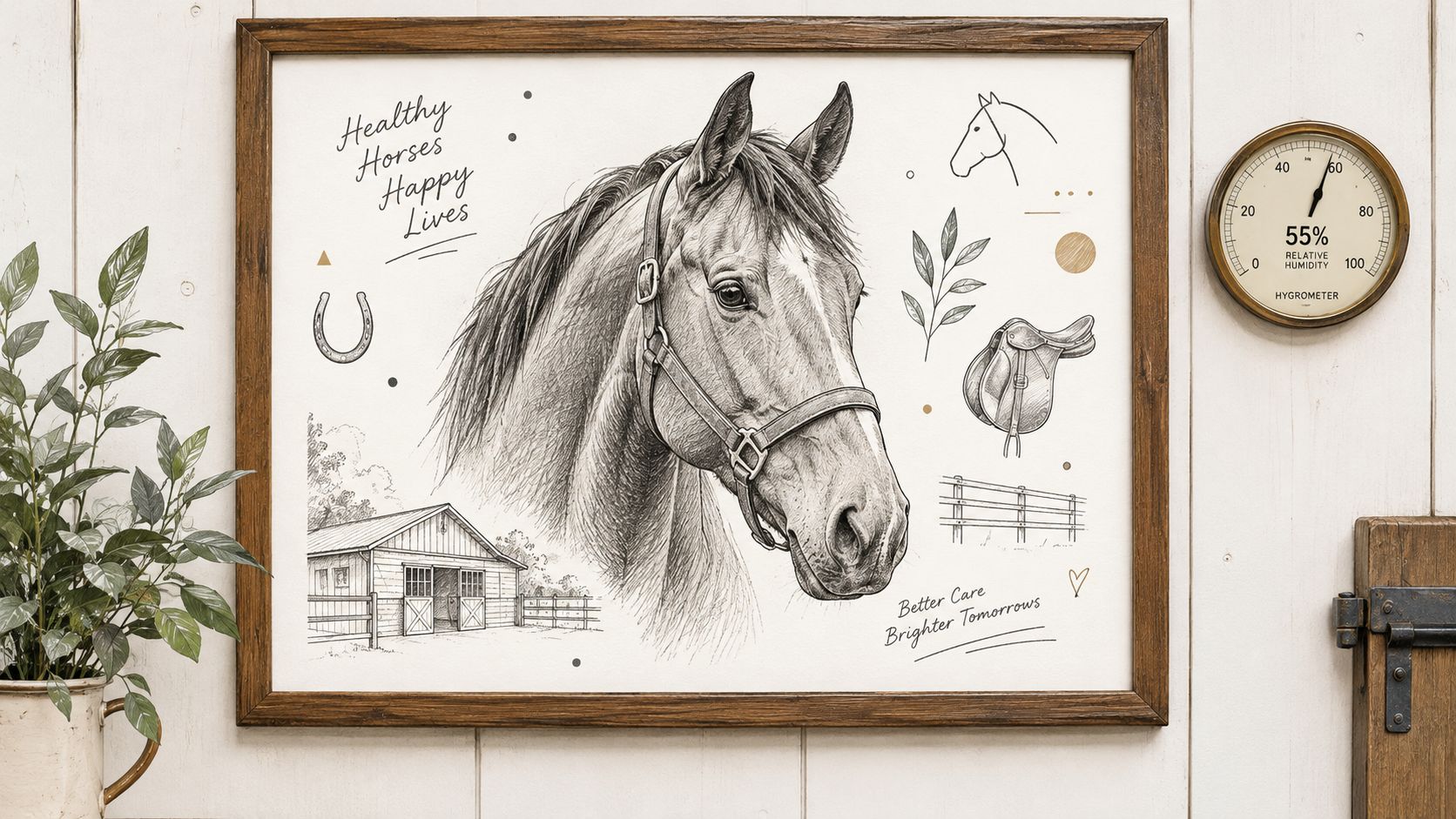 A framed decorative poster featuring a detailed pencil sketch of a horse head, barn, and equestrian equipment.