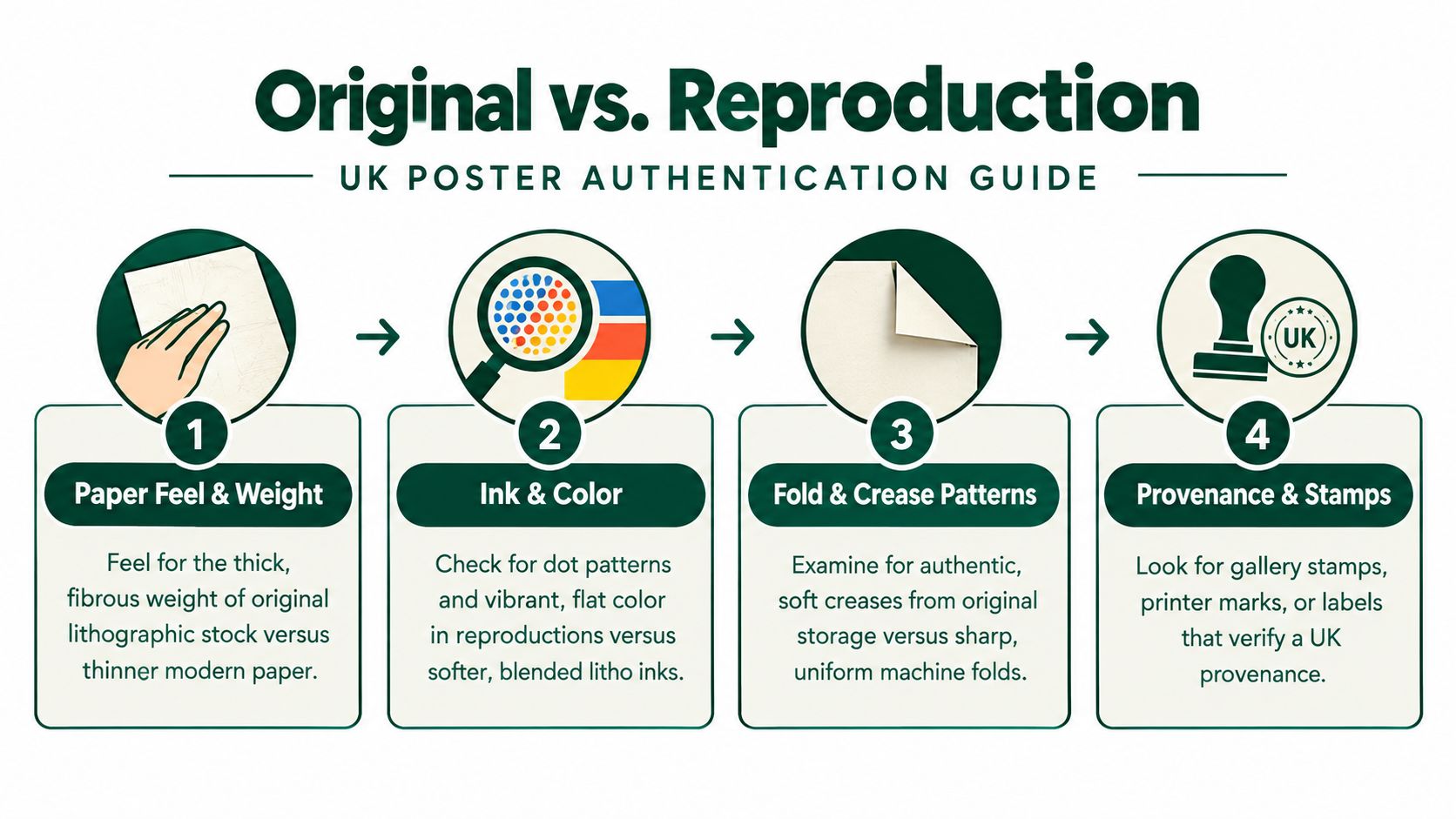 A four-step infographic guide detailing methods to authenticate original vintage UK posters versus modern reproductions.
