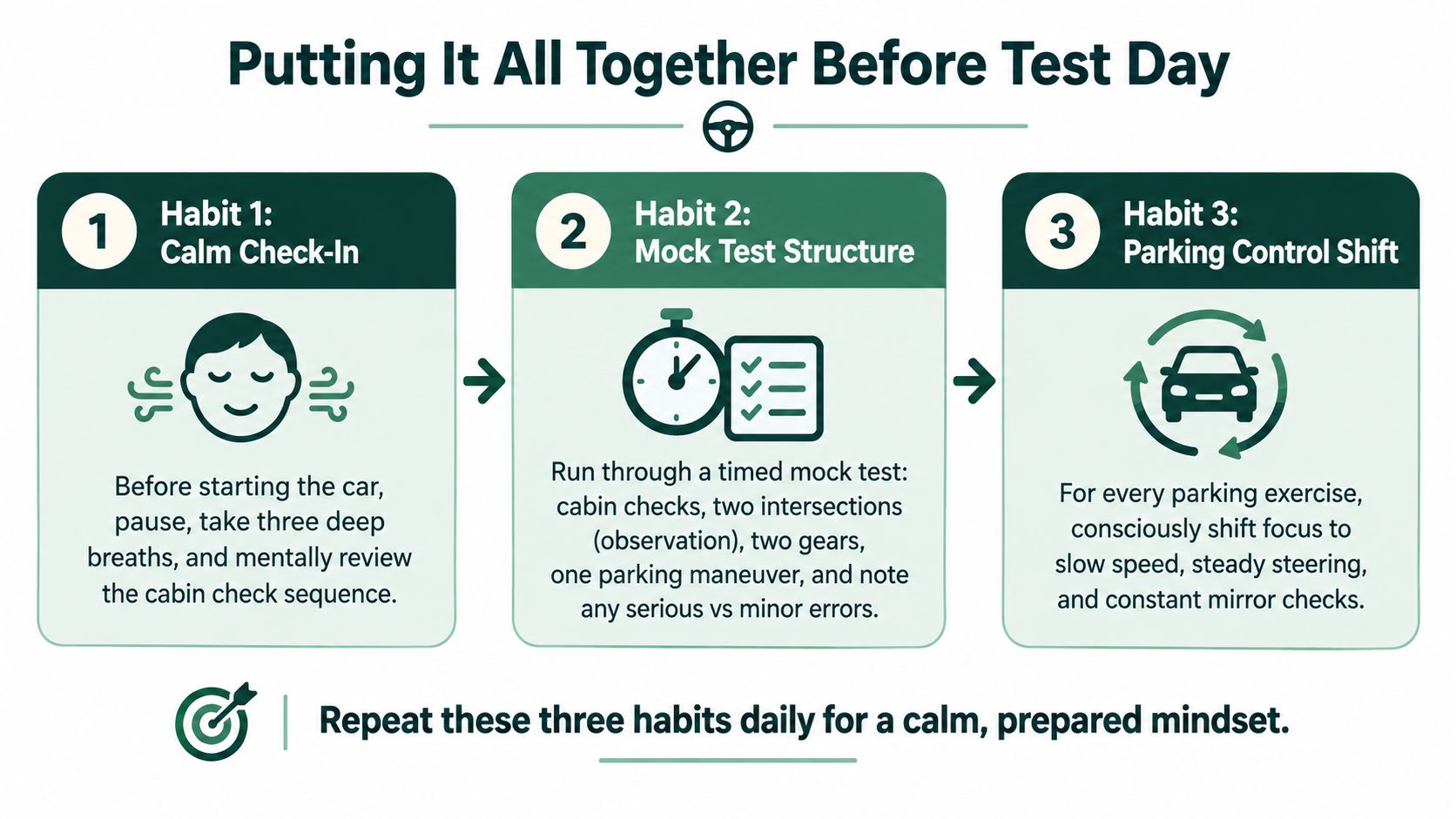 An infographic titled Putting It All Together Before Test Day, outlining three daily driving test habits.
