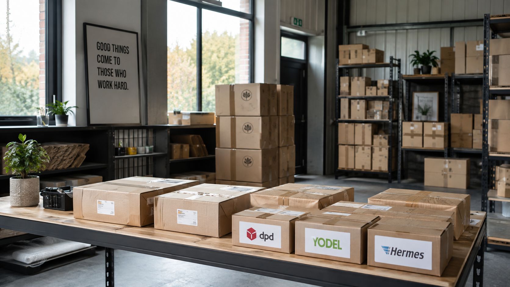 A professional shipping workstation features brown cardboard boxes stacked on a wooden table with logistics branding.