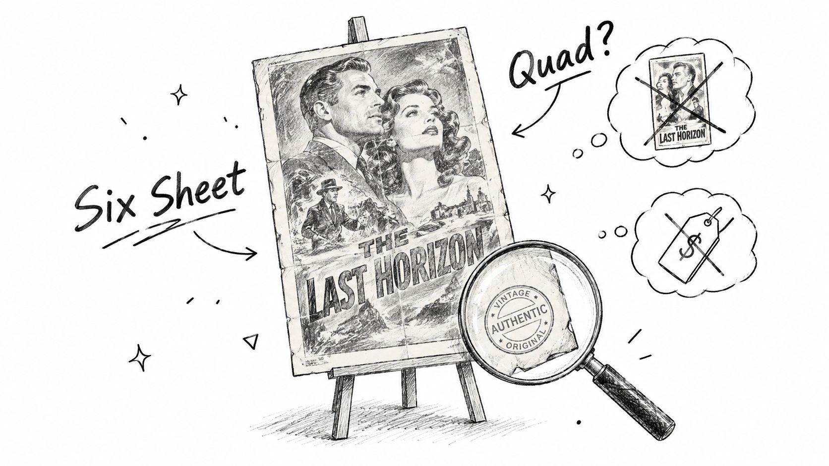 A pencil sketch illustration showing a six sheet movie poster being examined by a magnifying glass.