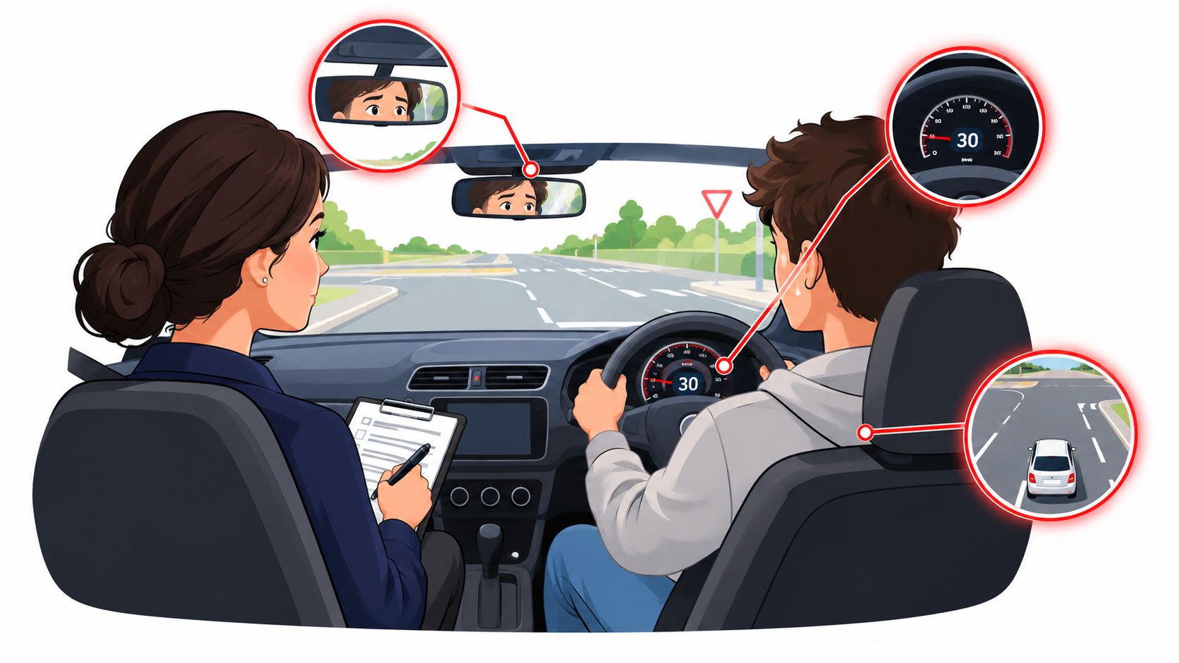 A driving instructor evaluating a nervous student during a driving test inside a car.
