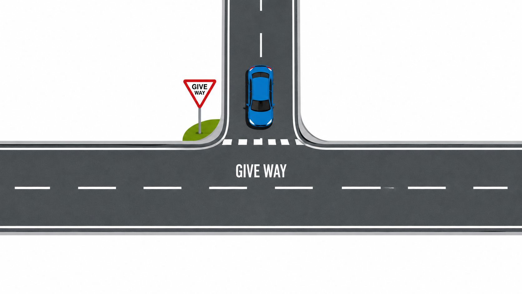 A top-down view of a blue car approaching a T-junction with a give way road sign.