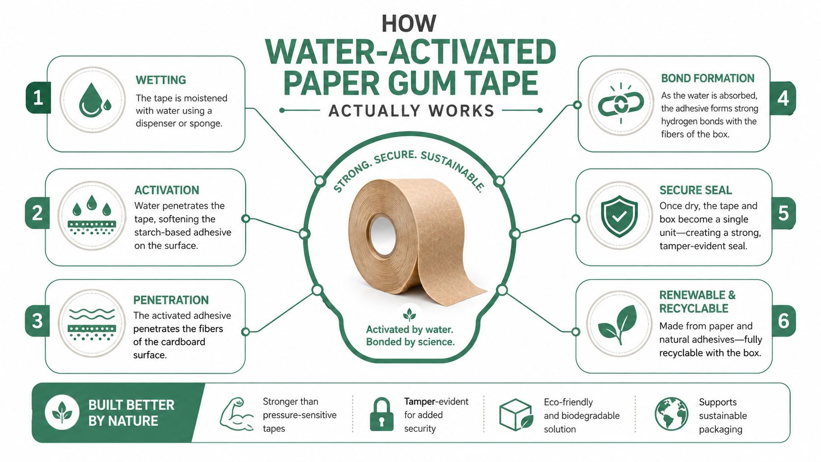 An infographic showing the step-by-step process of how water-activated paper gum tape works for packaging.