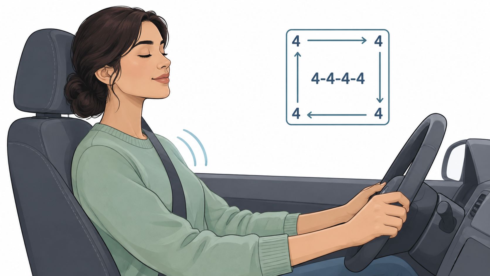 A woman driving a car practicing deep breathing exercises with a four-second cycle diagram shown nearby.