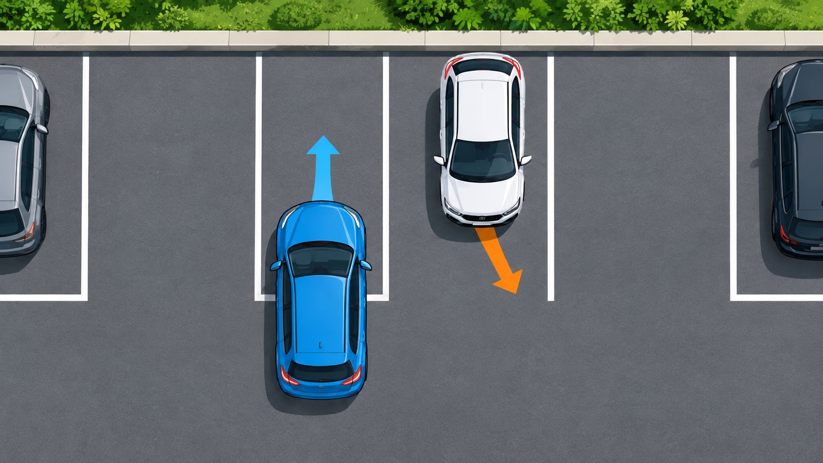 A top-down view showing a blue car parking forward and a white car backing out of a space.