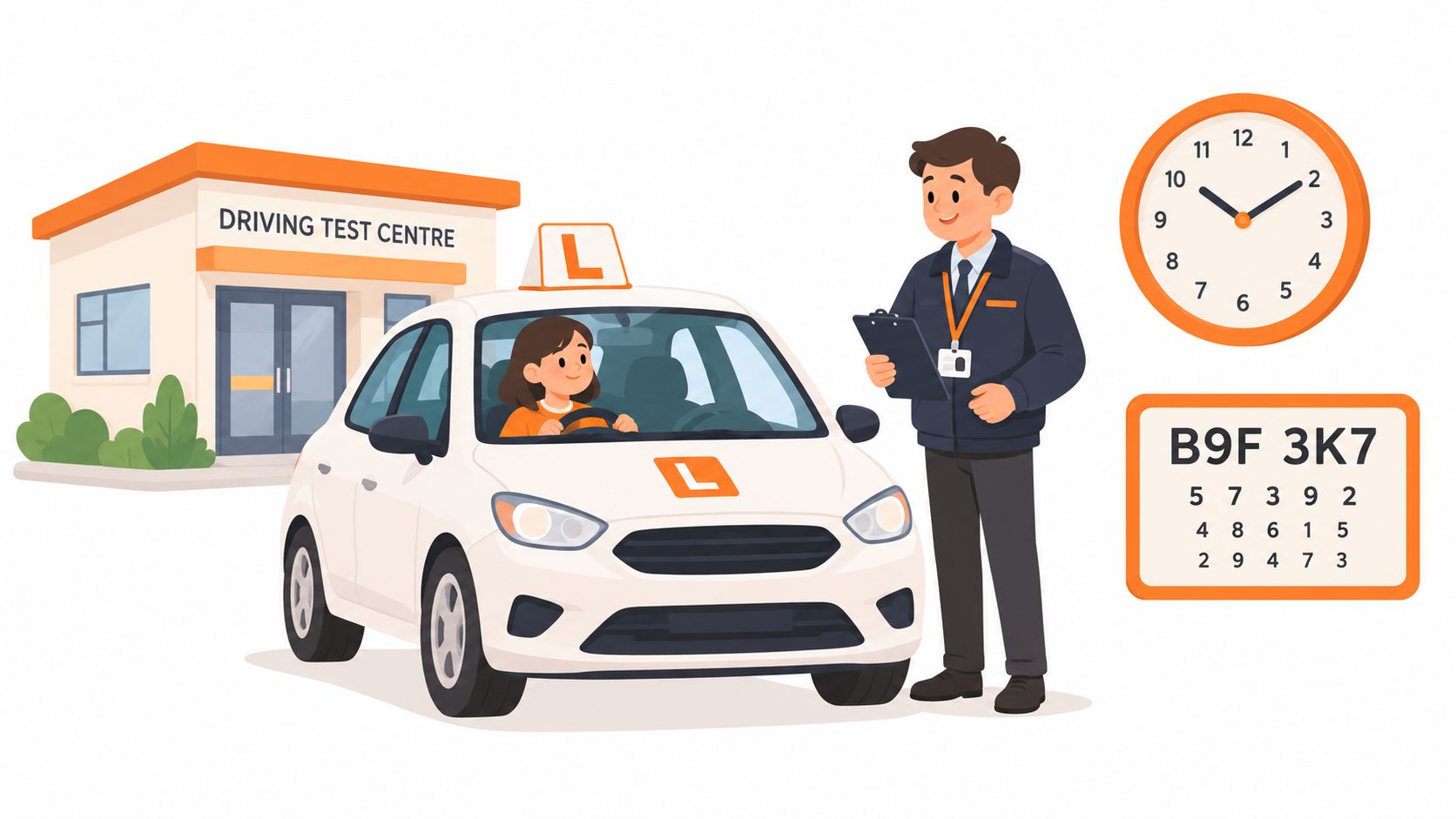 A driving instructor holding a clipboard stands next to a learner driver in a car parked outside.