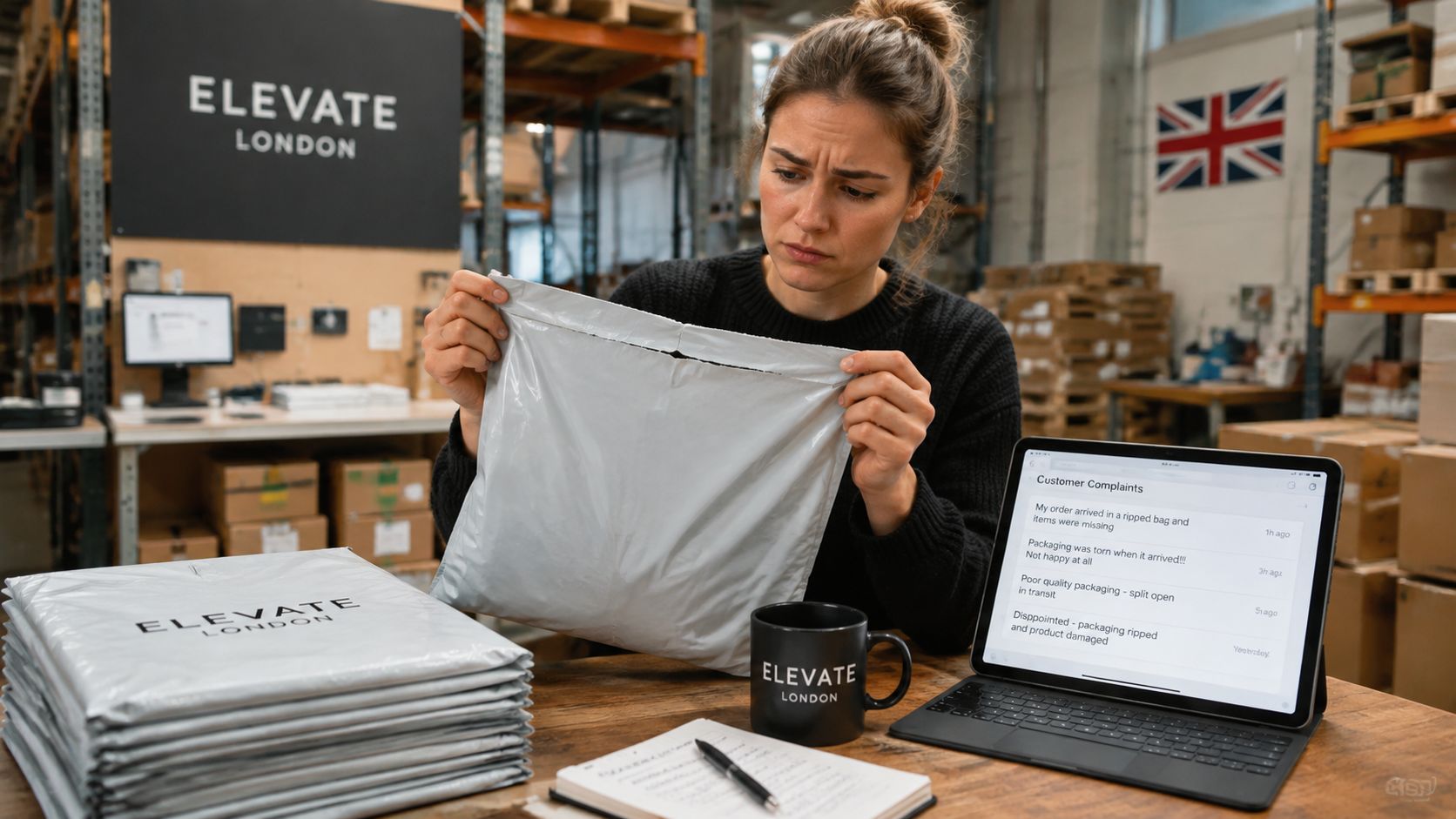 A concerned woman holding a damaged poly mailer bag in a warehouse office while viewing customer complaints.