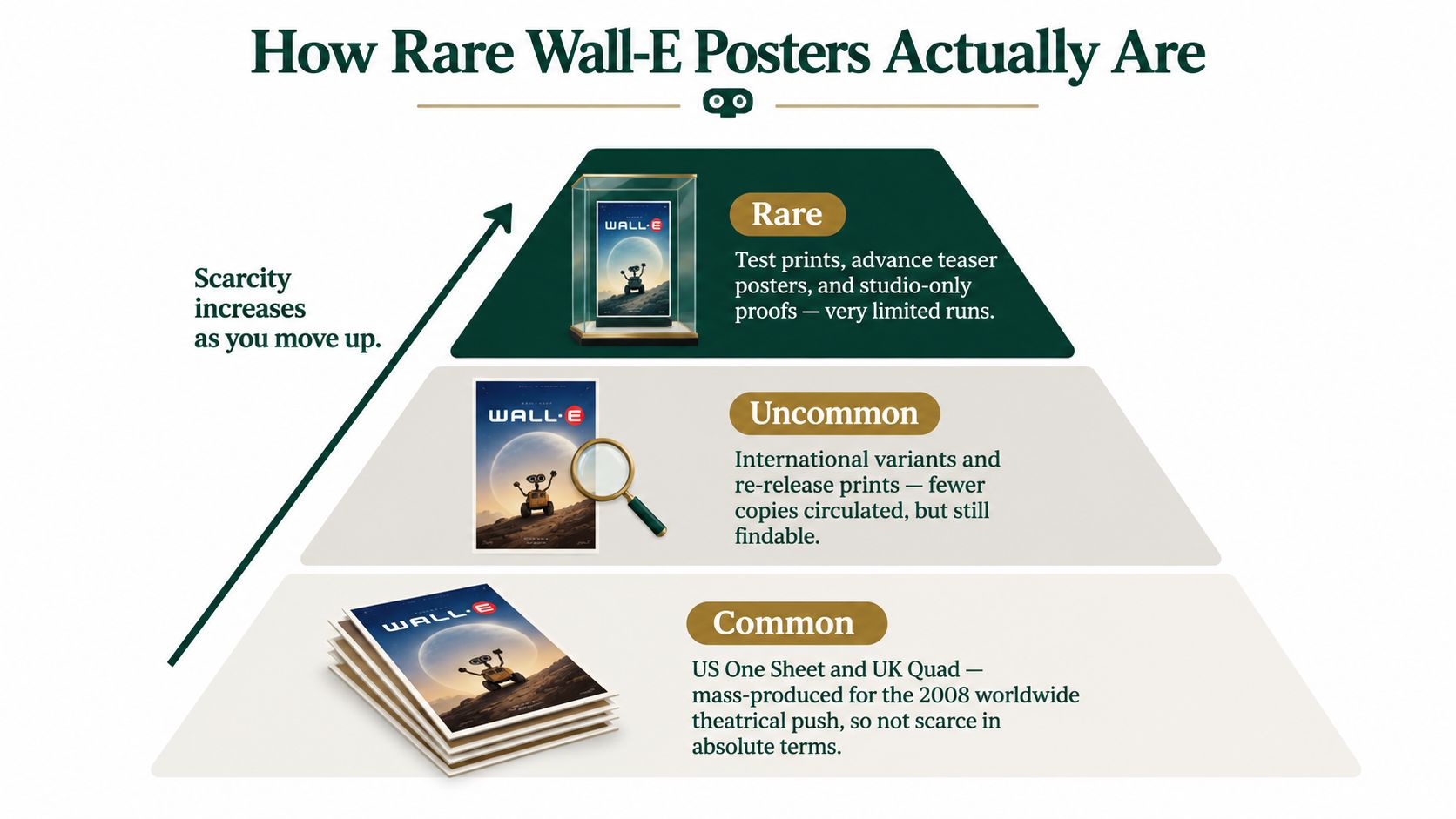 A pyramid infographic categorizing the scarcity of various Wall-E movie posters from common to rare.