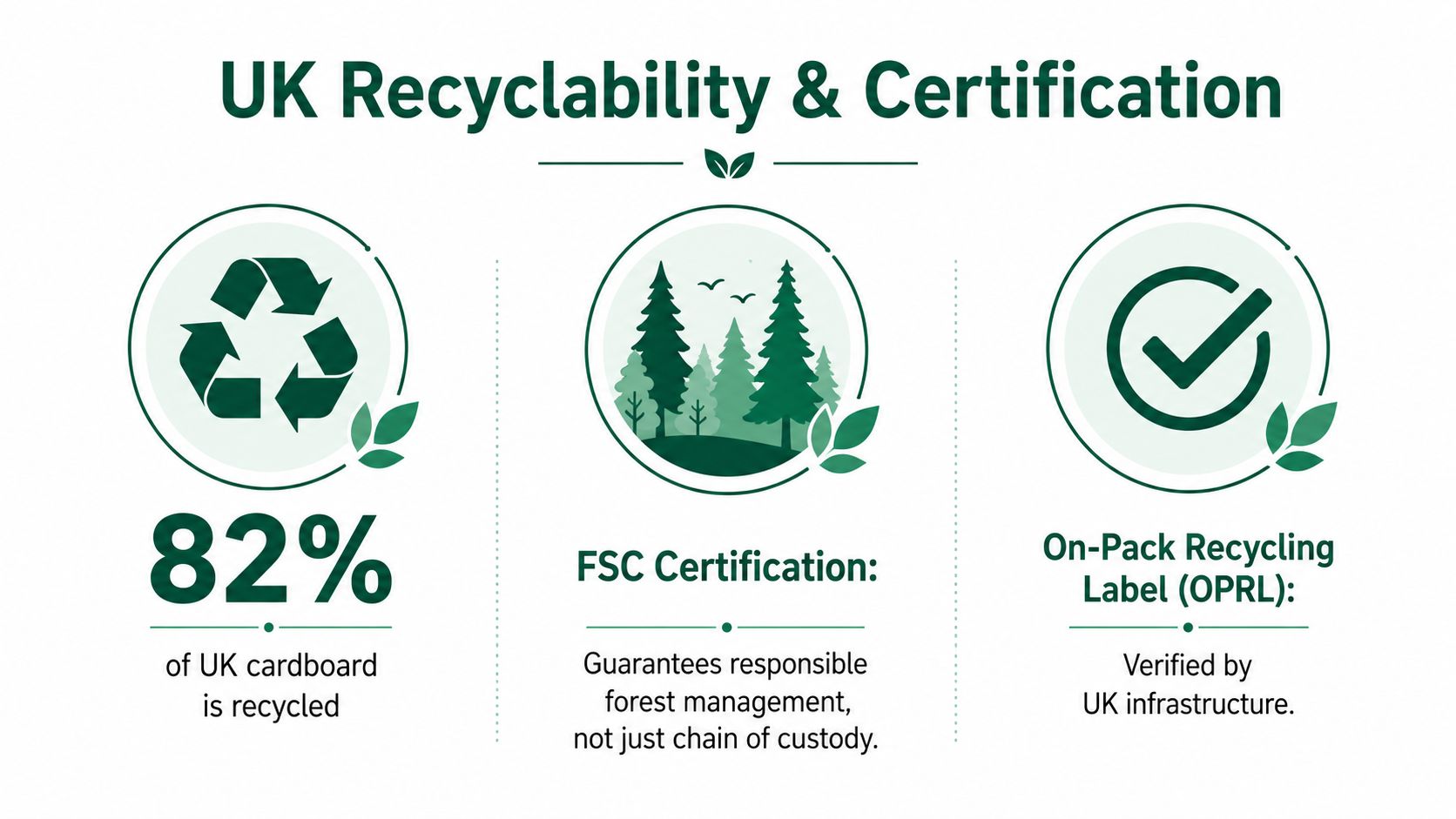 An infographic detailing UK cardboard recycling statistics, FSC certification standards, and On-Pack Recycling Label verification.