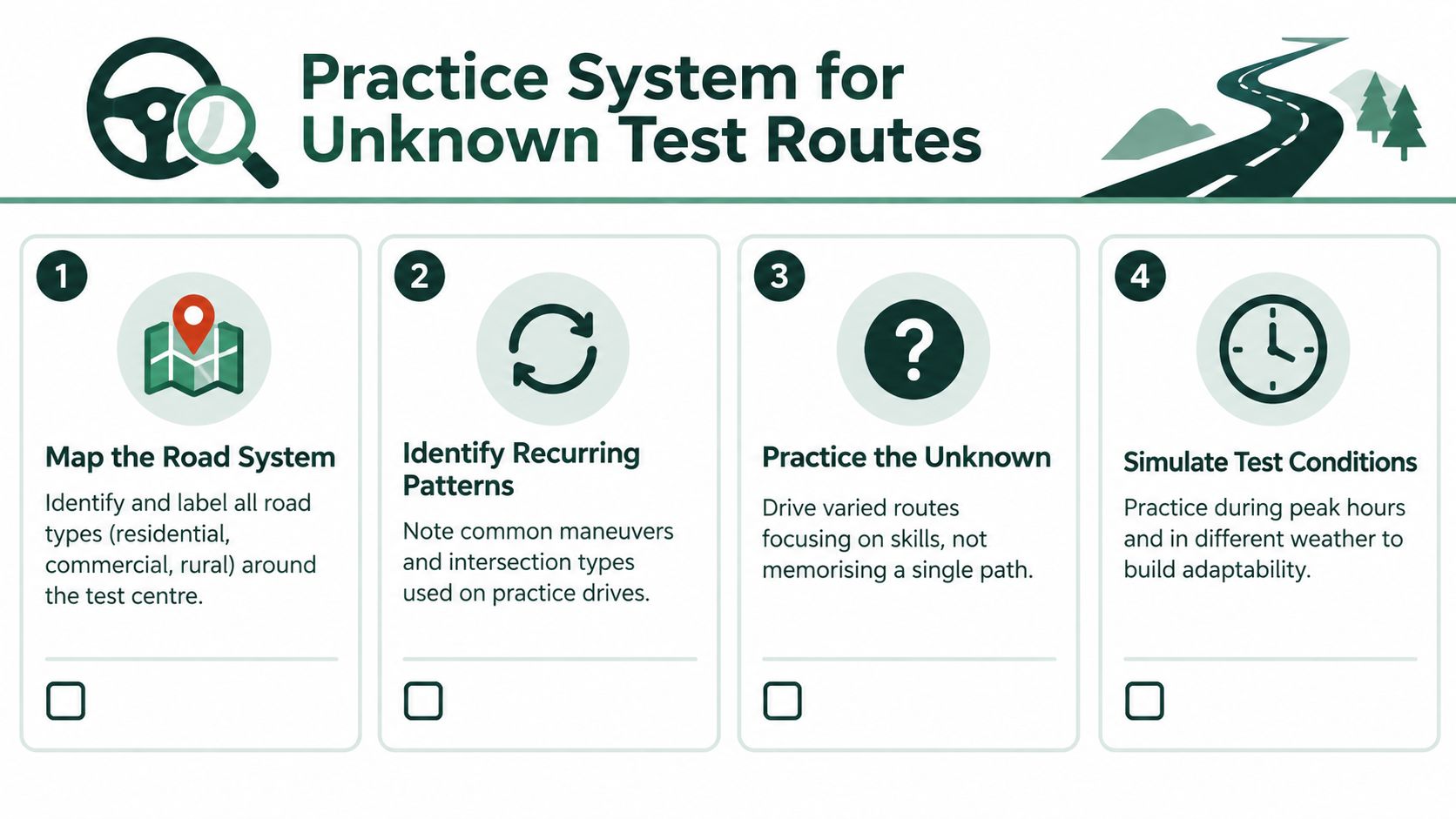 A four-step infographic providing a practice system for mastering unknown driving test routes efficiently and confidently.