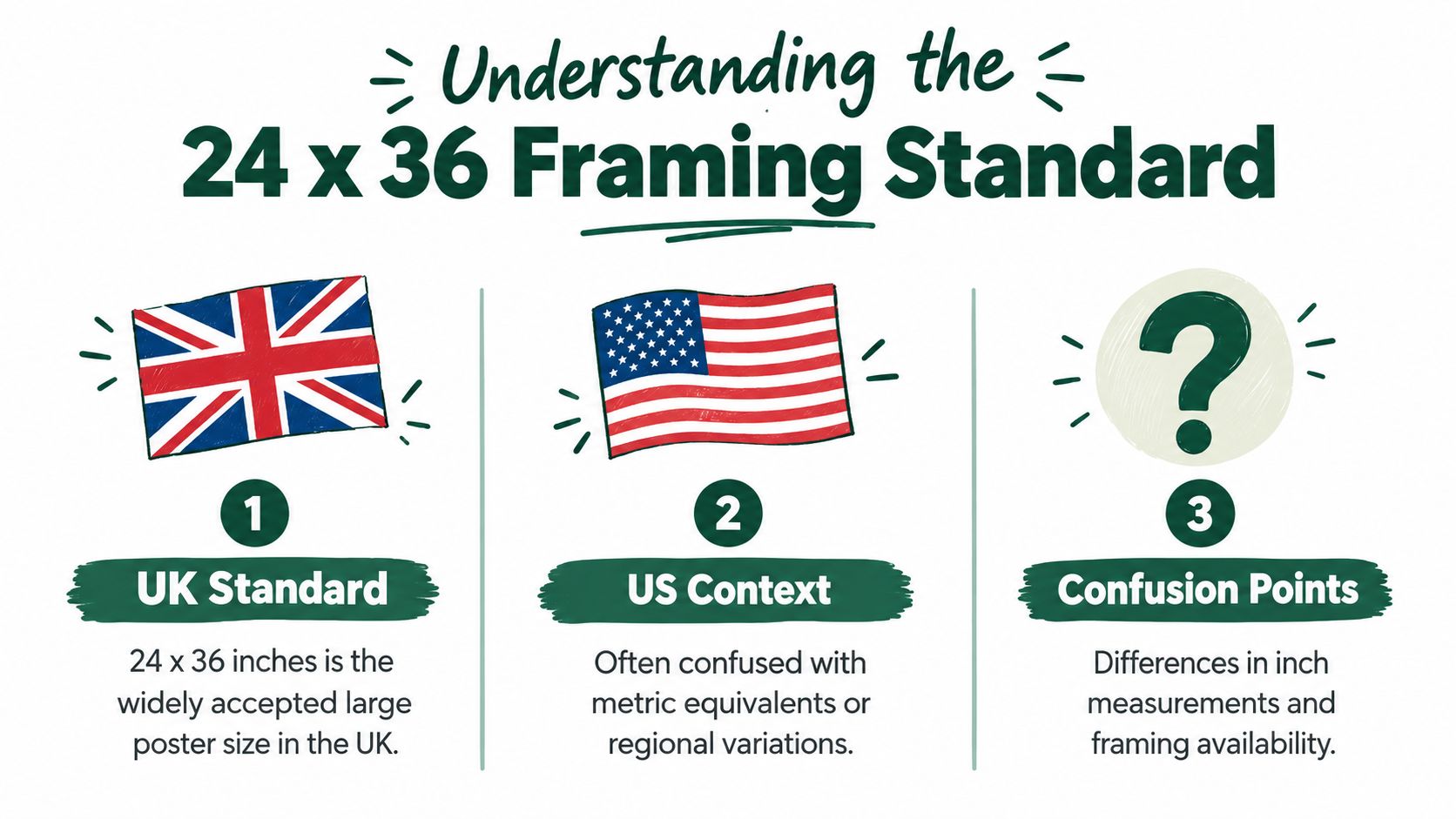 An infographic explaining the 24 by 36 inch framing standard across the UK and the United States.