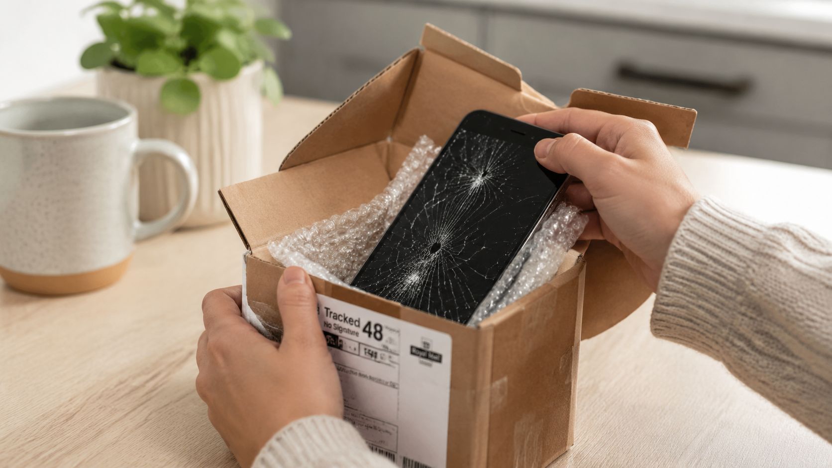 A person unboxing a smartphone with a severely cracked screen from a cardboard package with bubble wrap.