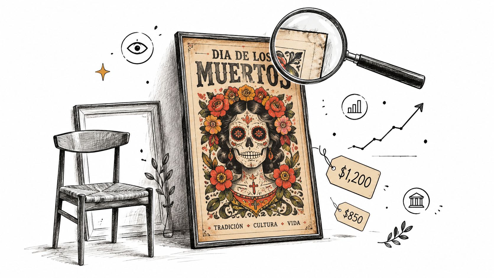 A framed Day of the Dead poster next to a wooden chair with magnifying glass and symbols