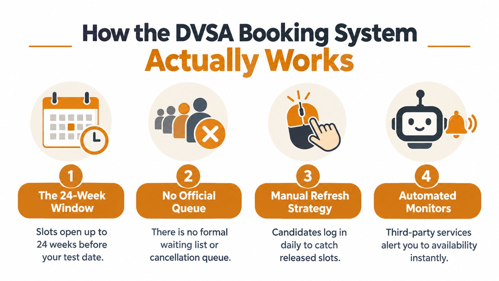 A four-step infographic explaining how the DVSA driving test booking system functions for learner drivers in the UK.