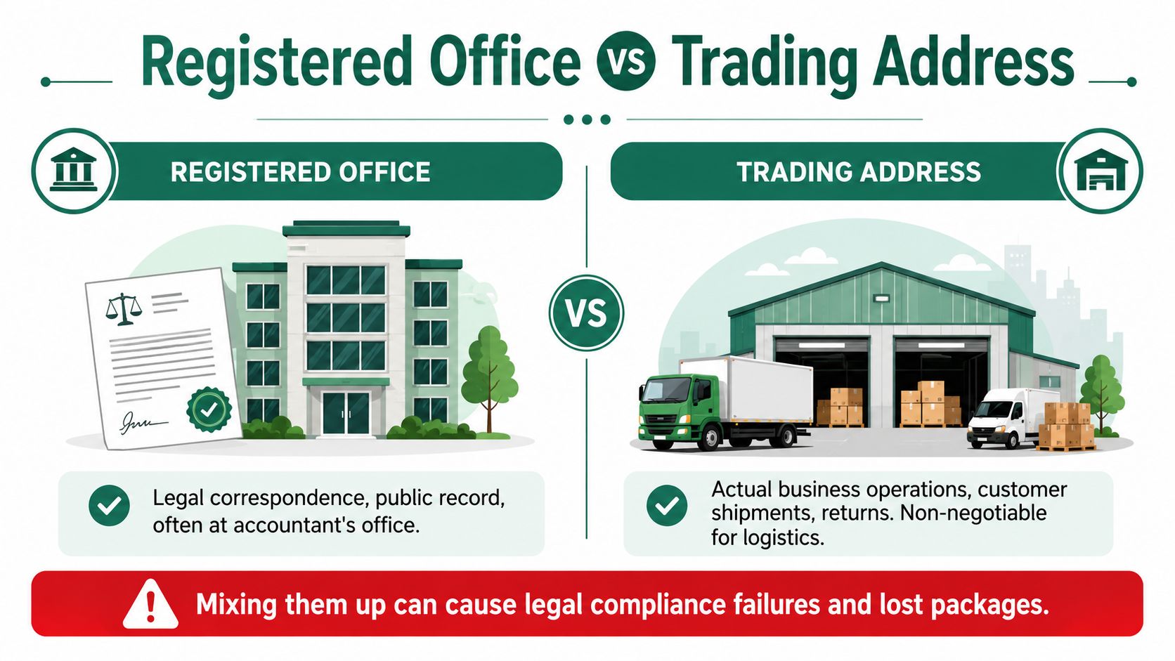 An infographic comparing the differences between a registered office address and a trading address for businesses.