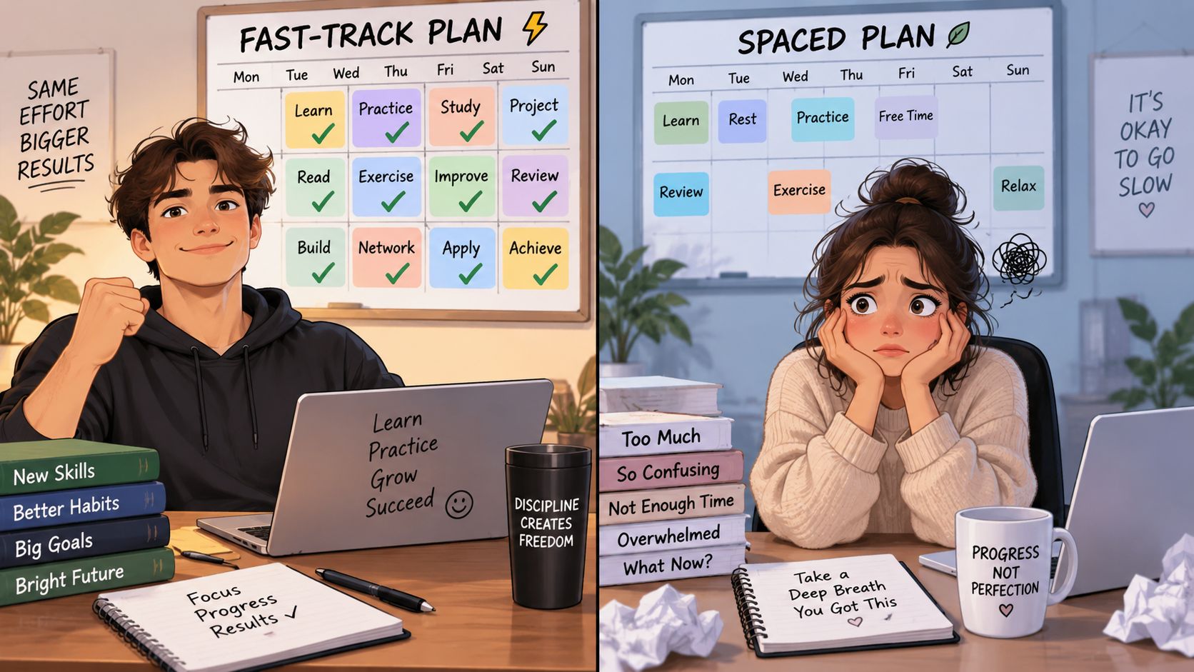 Comparison between an intensive fast-track learning plan and a balanced, slow-paced spaced repetition learning approach.