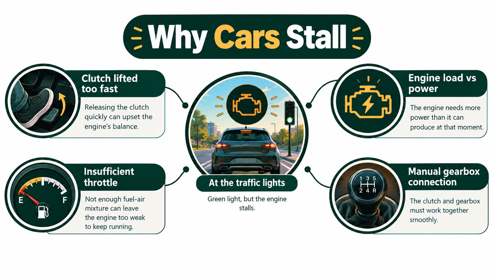 An infographic showing four common reasons why manual transmission cars stall, including clutch and engine issues.