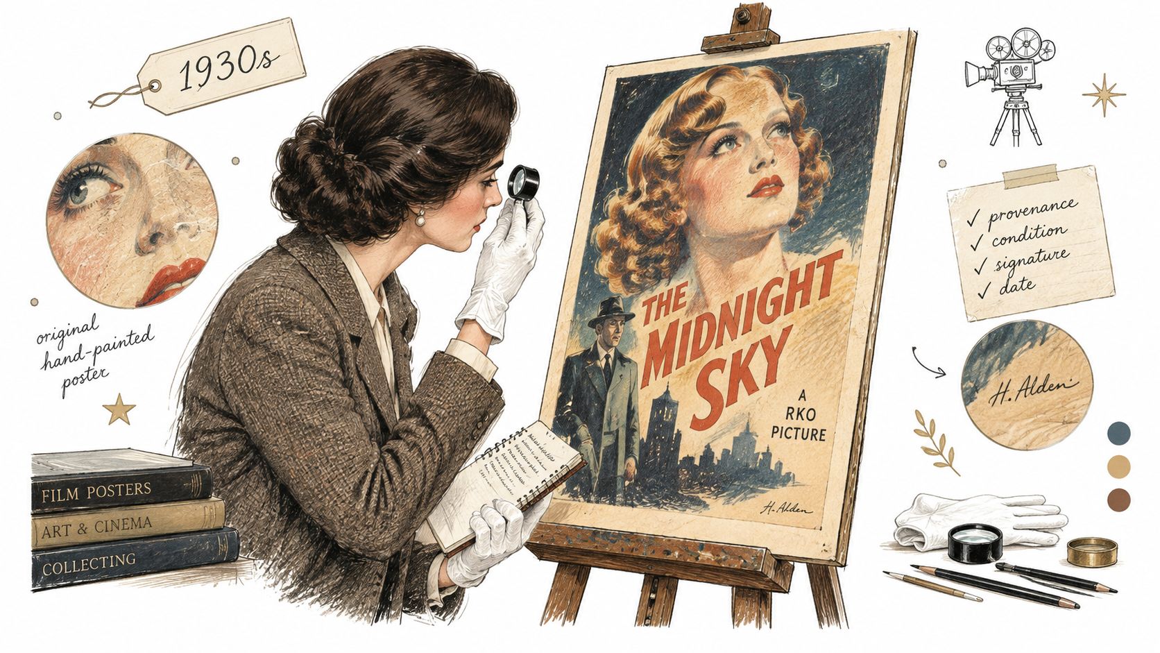 A professional art appraiser examines a vintage 1930s hand-painted film poster on an easel with magnifying glass.