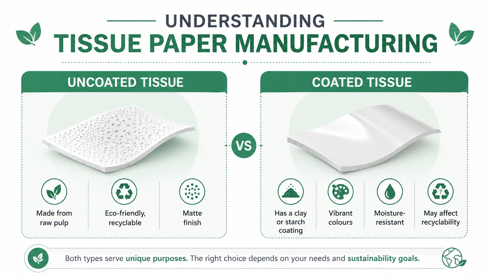 An infographic comparing uncoated and coated tissue paper, highlighting their distinct manufacturing features and environmental impact properties.