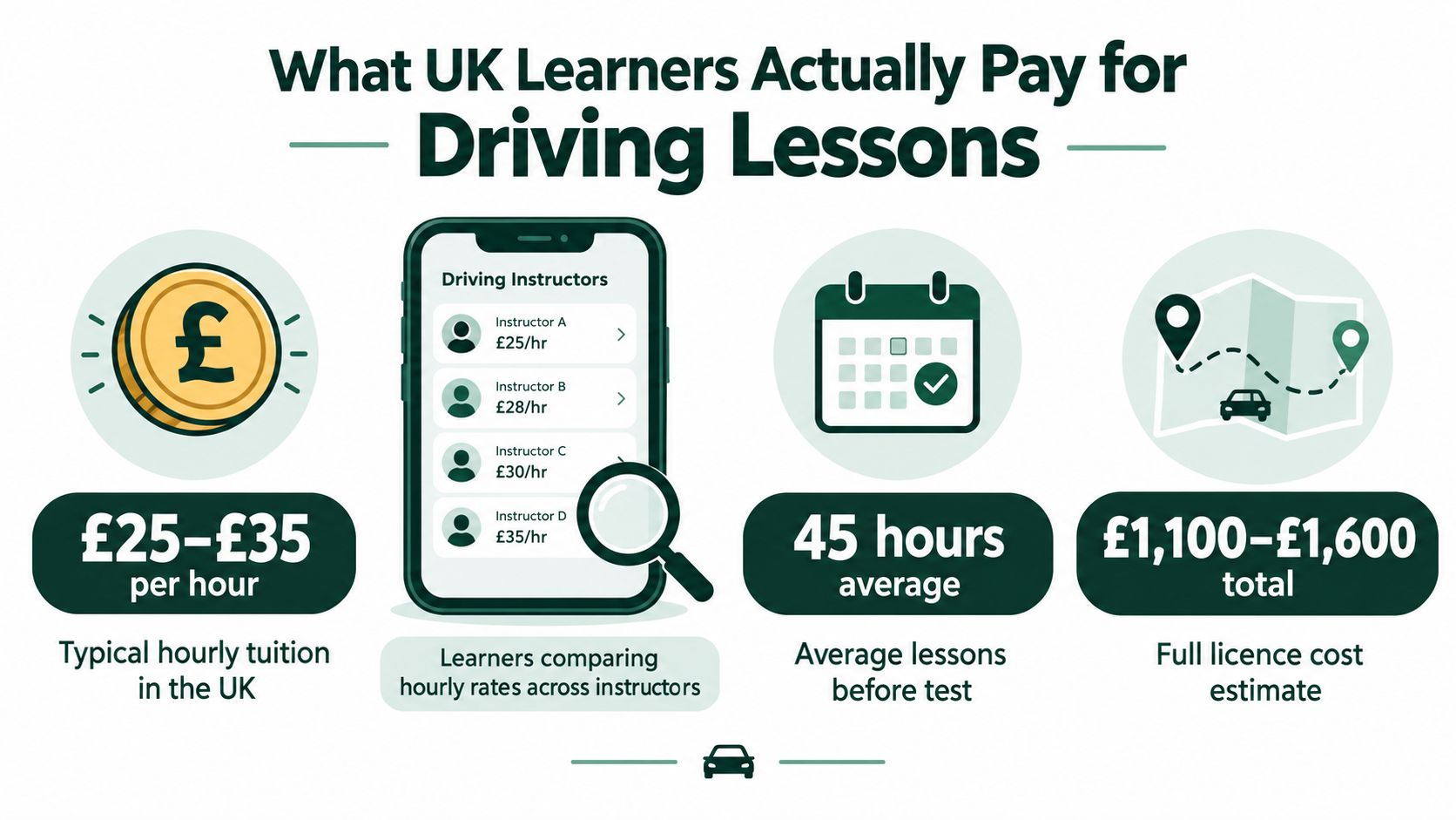 An infographic showing the estimated costs and hours required for UK driving lessons.