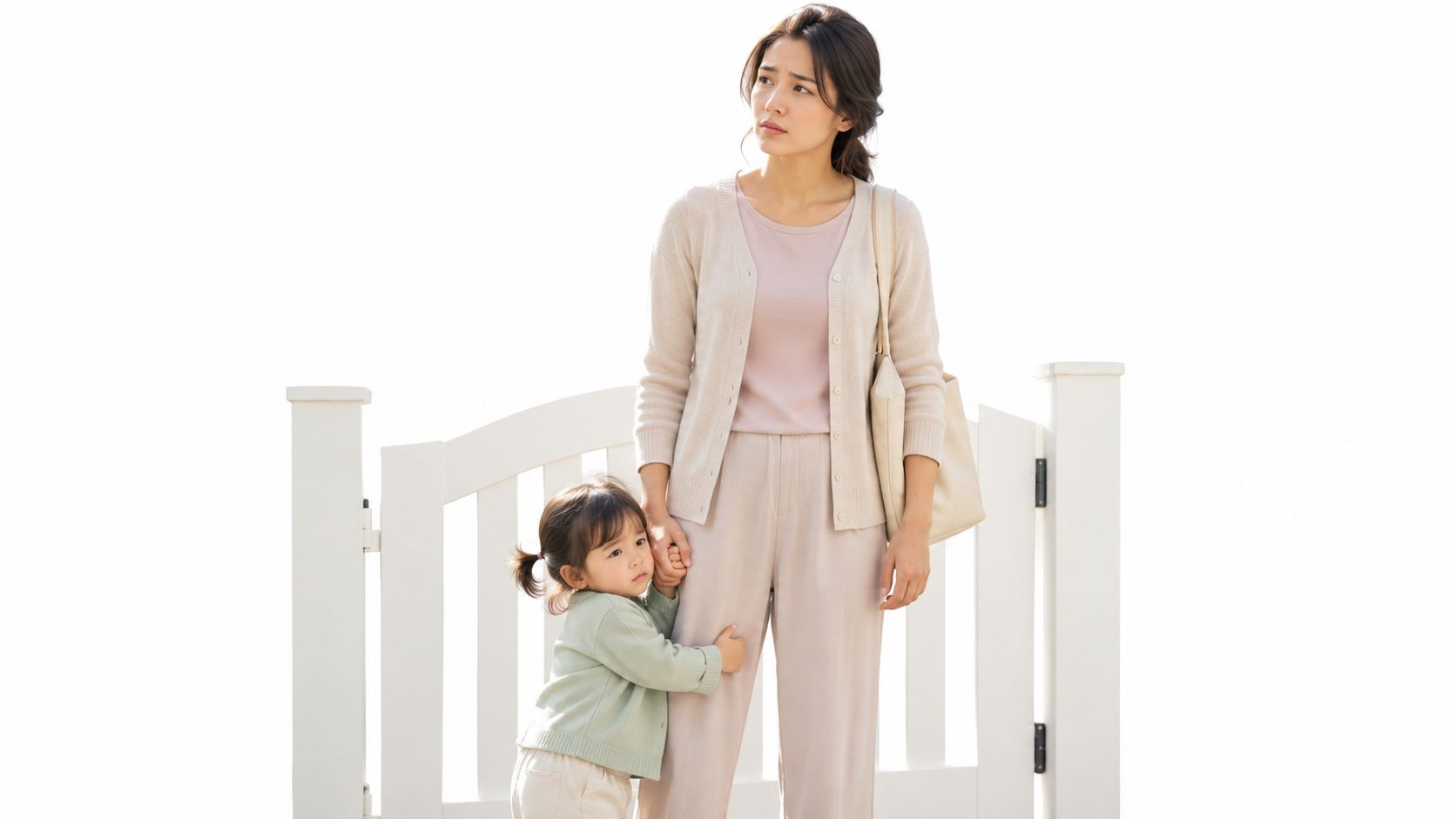 A young mother holding her toddler daughter's hand while standing in front of a white garden gate.