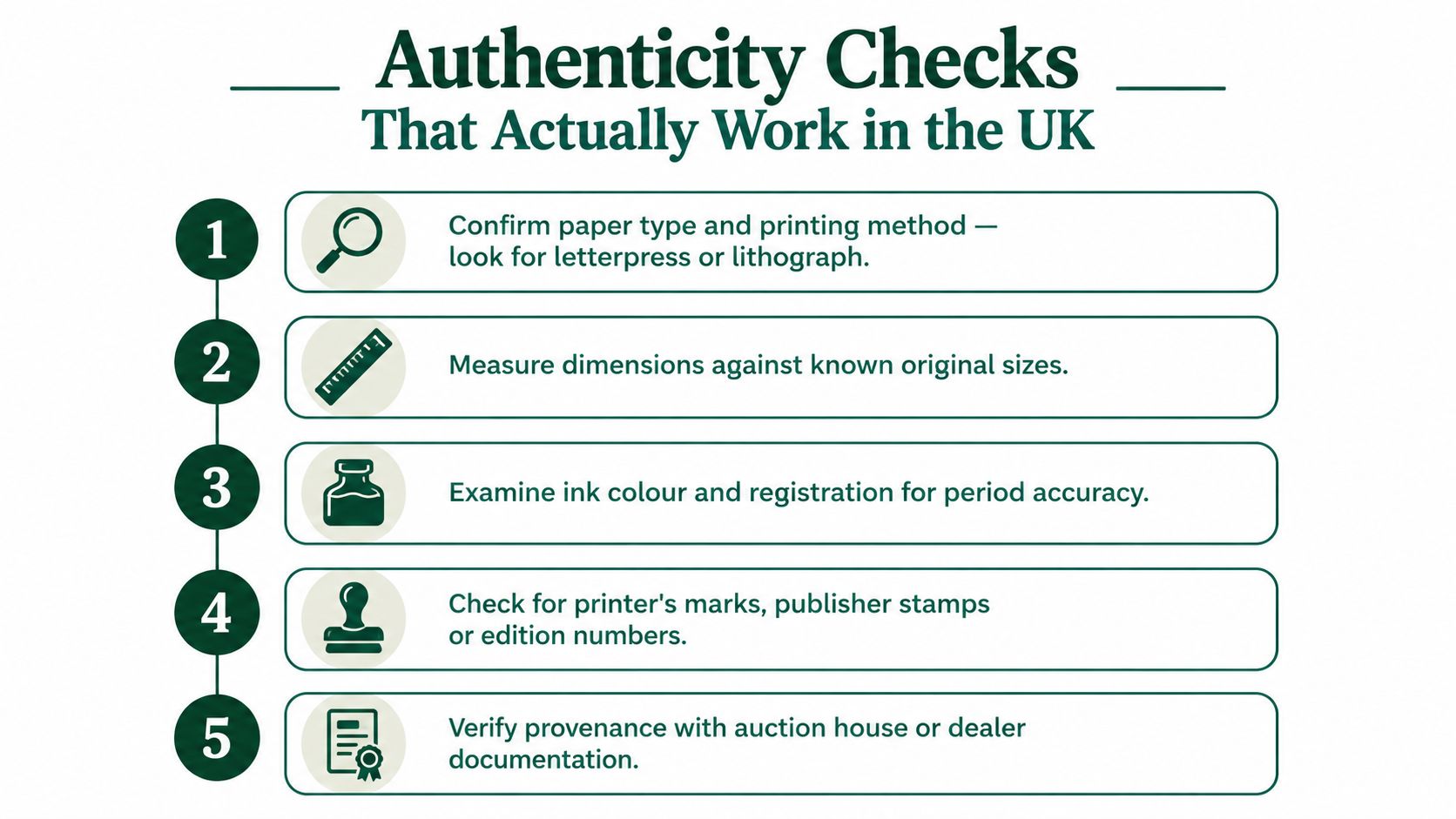 A numbered list of five methods to verify the authenticity of vintage items in the UK.