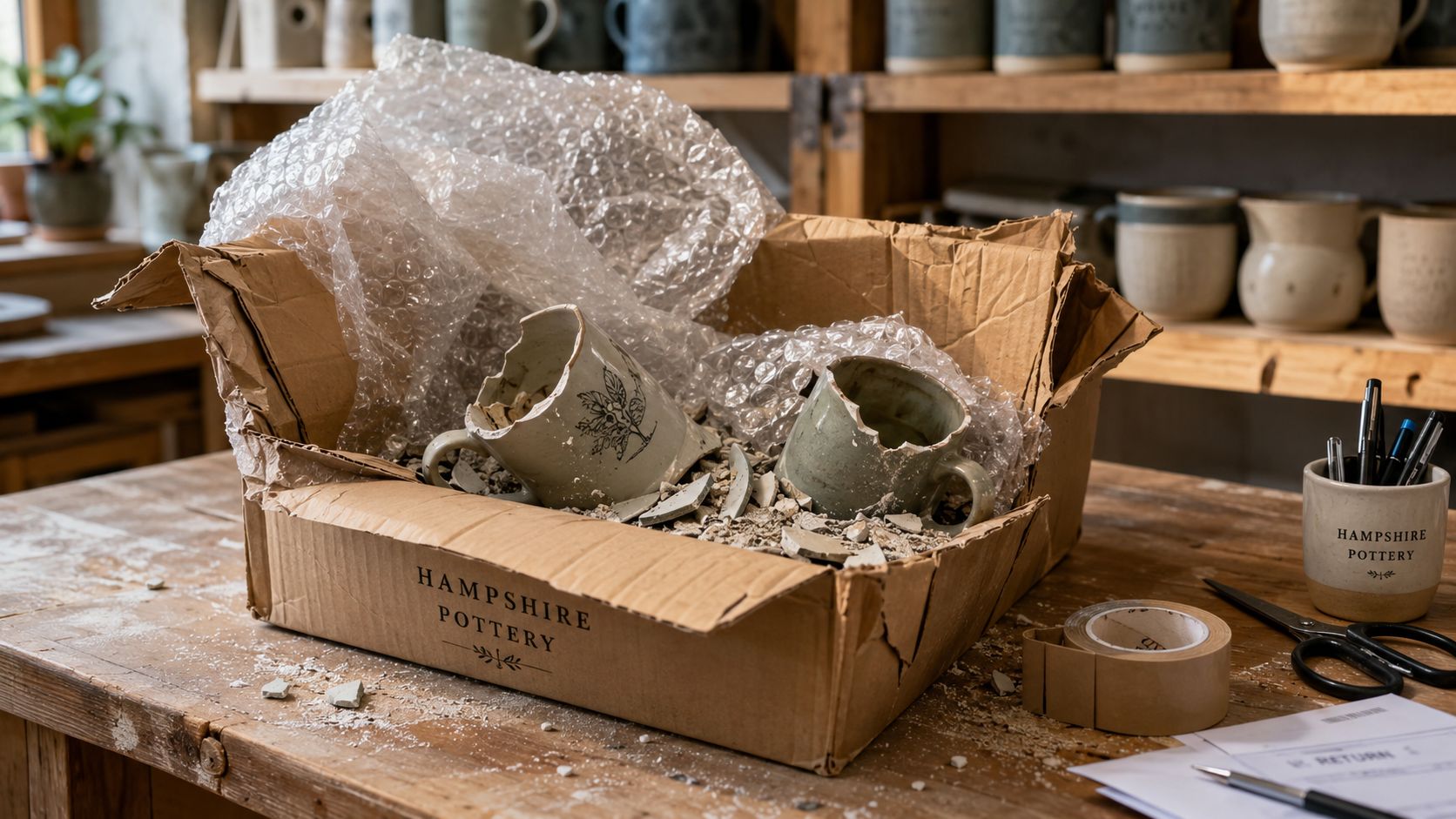 Cardboard box filled with bubble wrap and broken ceramic mugs from Hampshire Pottery on a workshop table.