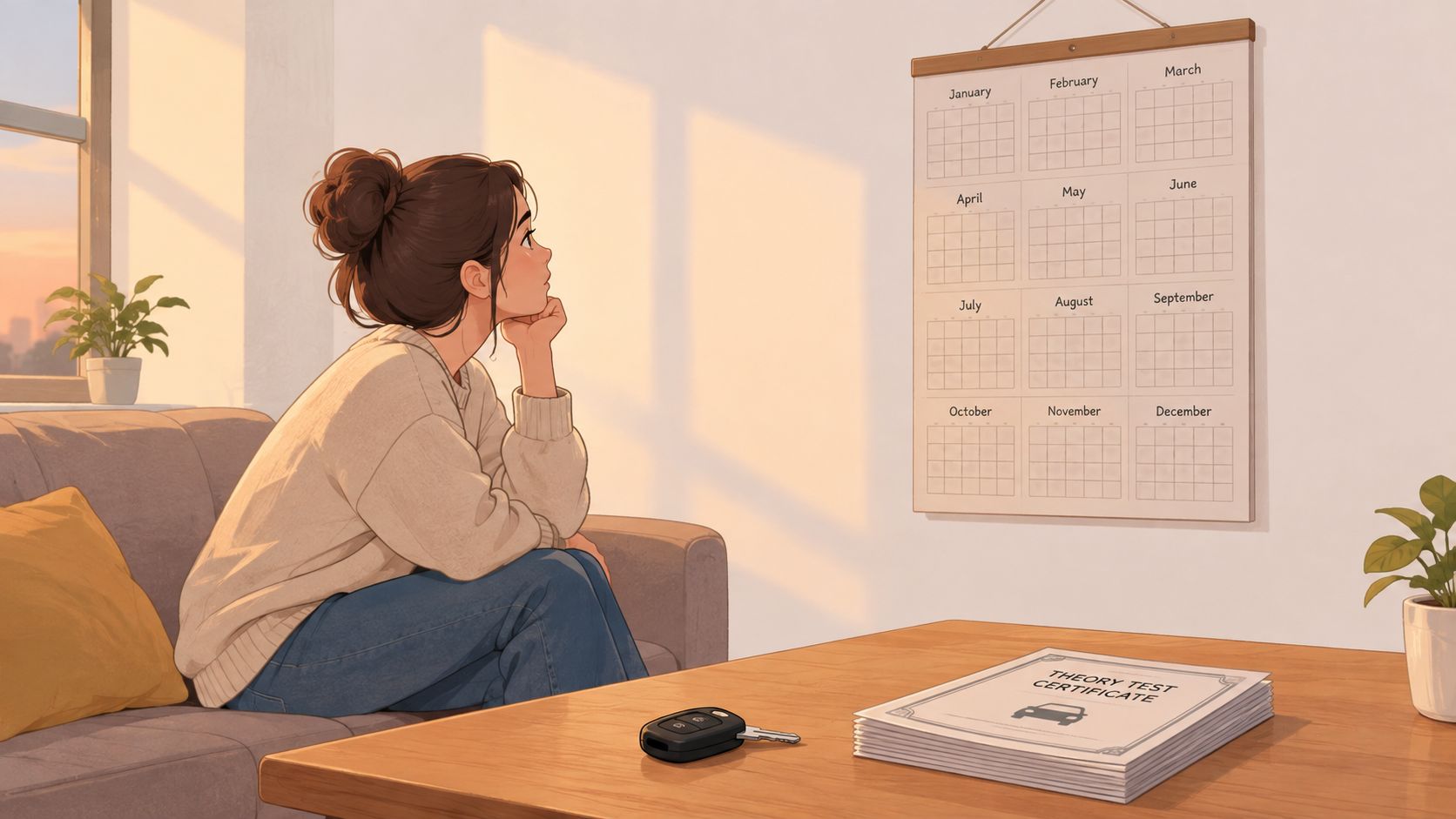 A woman sitting on a couch thoughtfully looking at a calendar with a driving test certificate nearby.