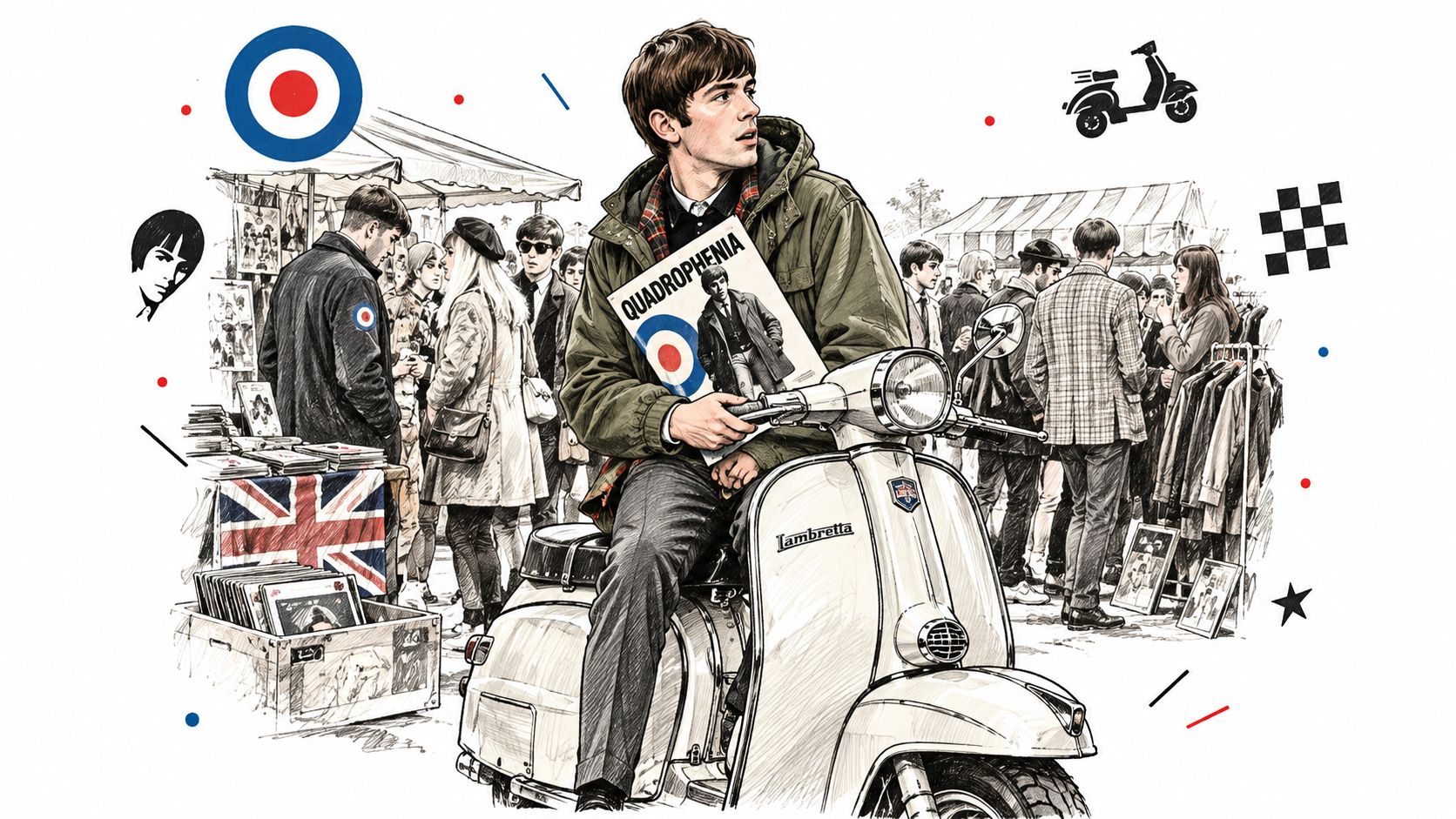 A stylistic illustration of a young man on a vintage Lambretta scooter holding a Quadrophenia record cover.