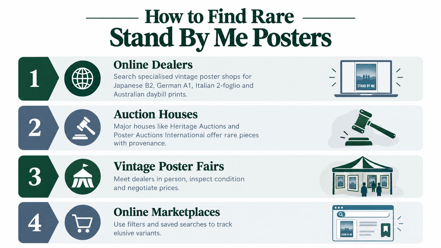 An infographic showing four steps to find and purchase rare Stand By Me movie film posters.