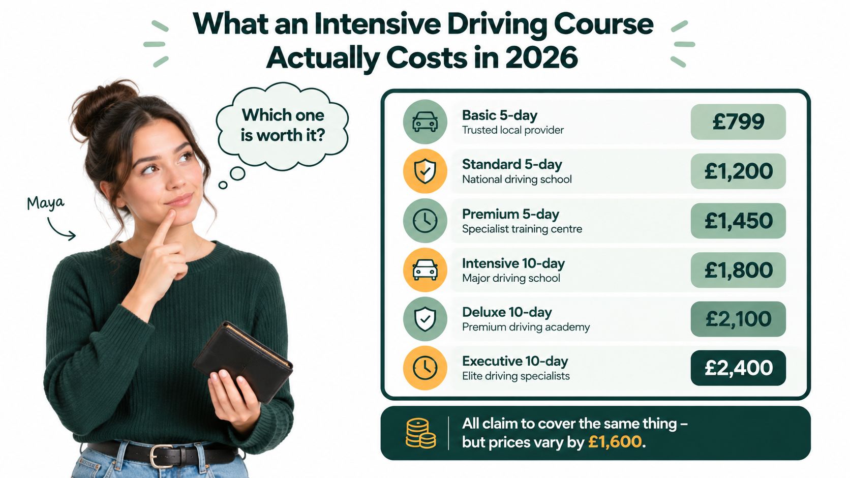 A woman thinking about the price list for different intensive driving courses offered in 2026.