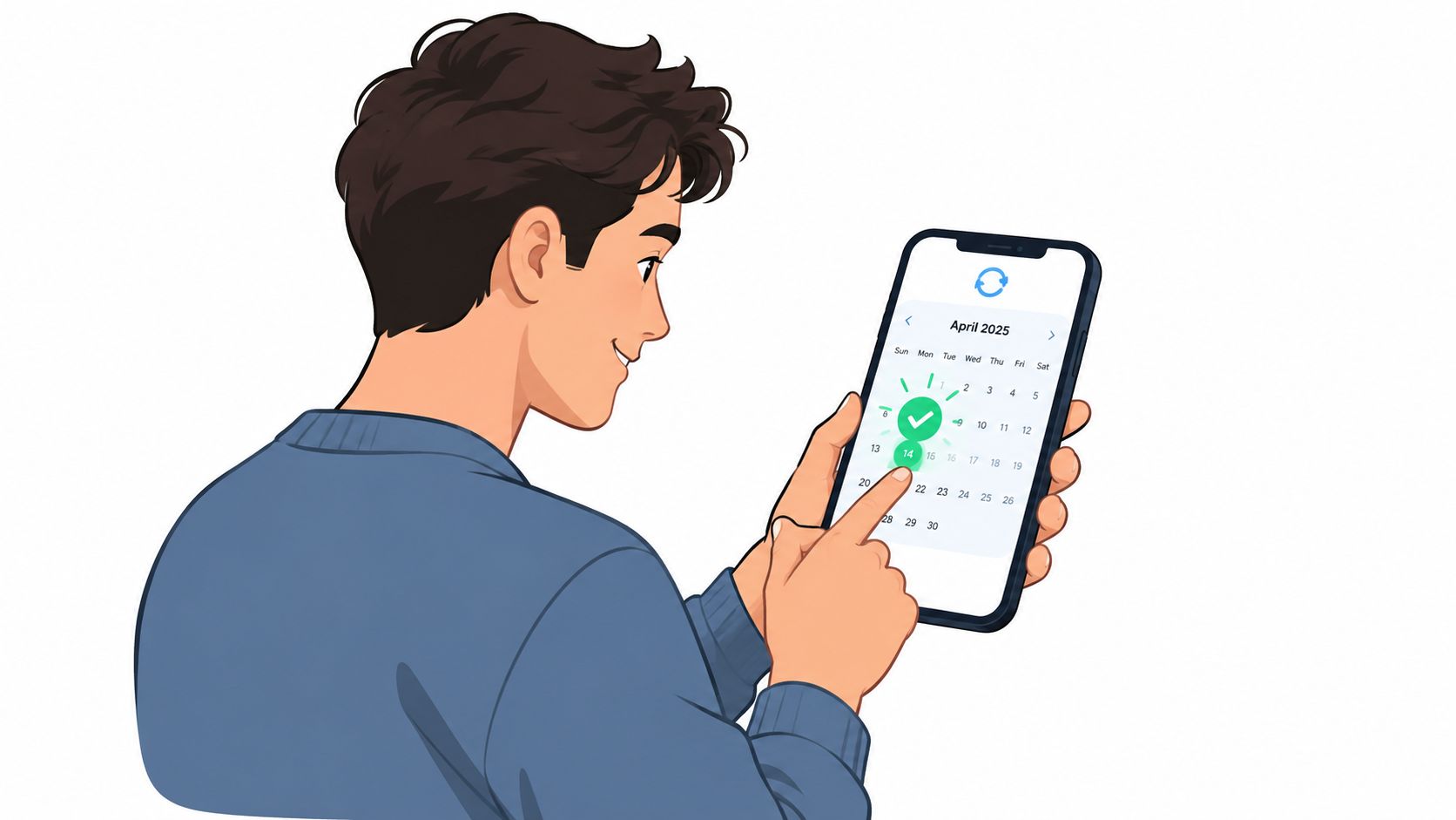 A young man looking at his smartphone while selecting a date on a digital calendar application.
