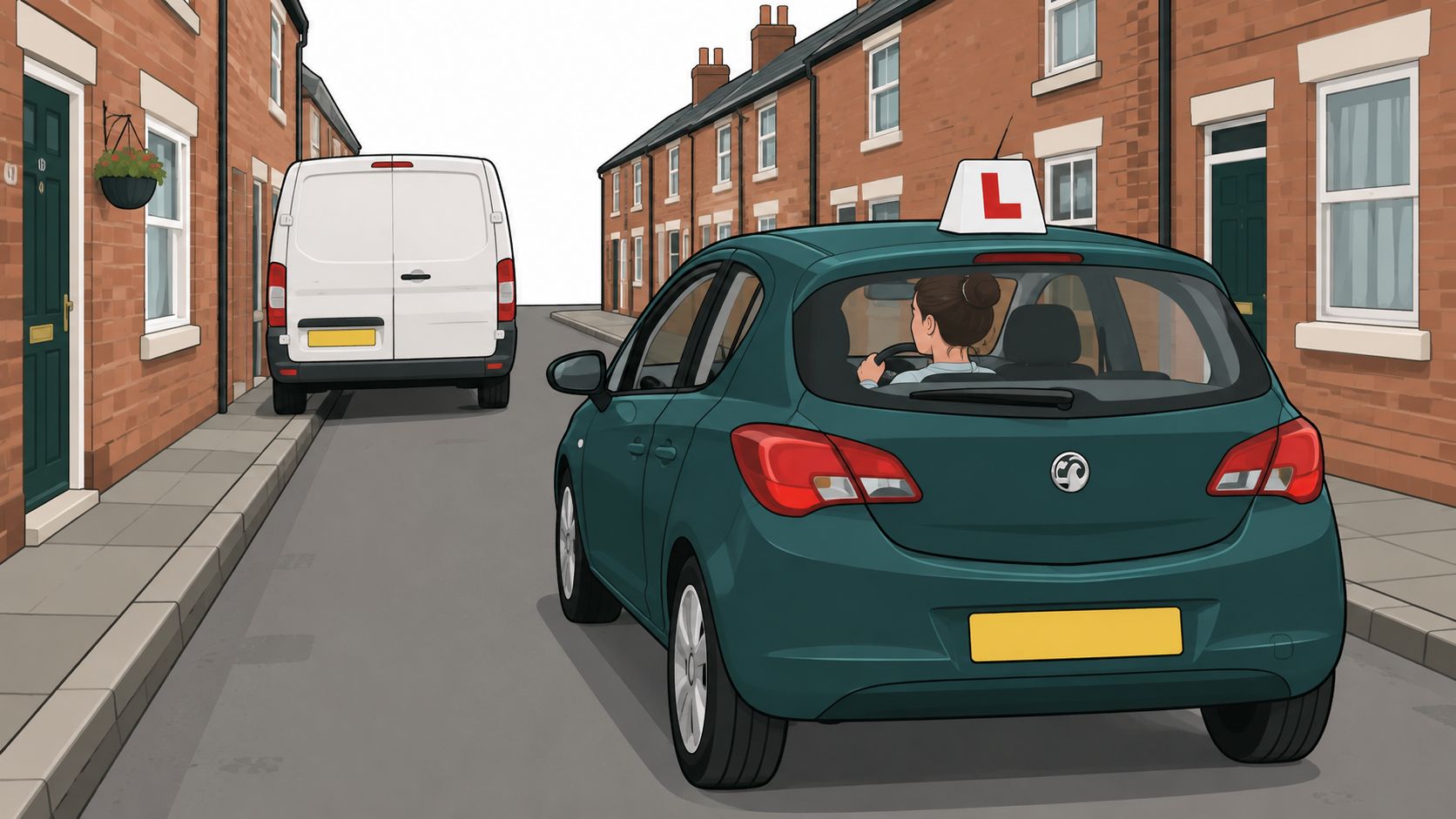 A learner driver in a dark green car preparing to perform a turn in the road manoeuvre.