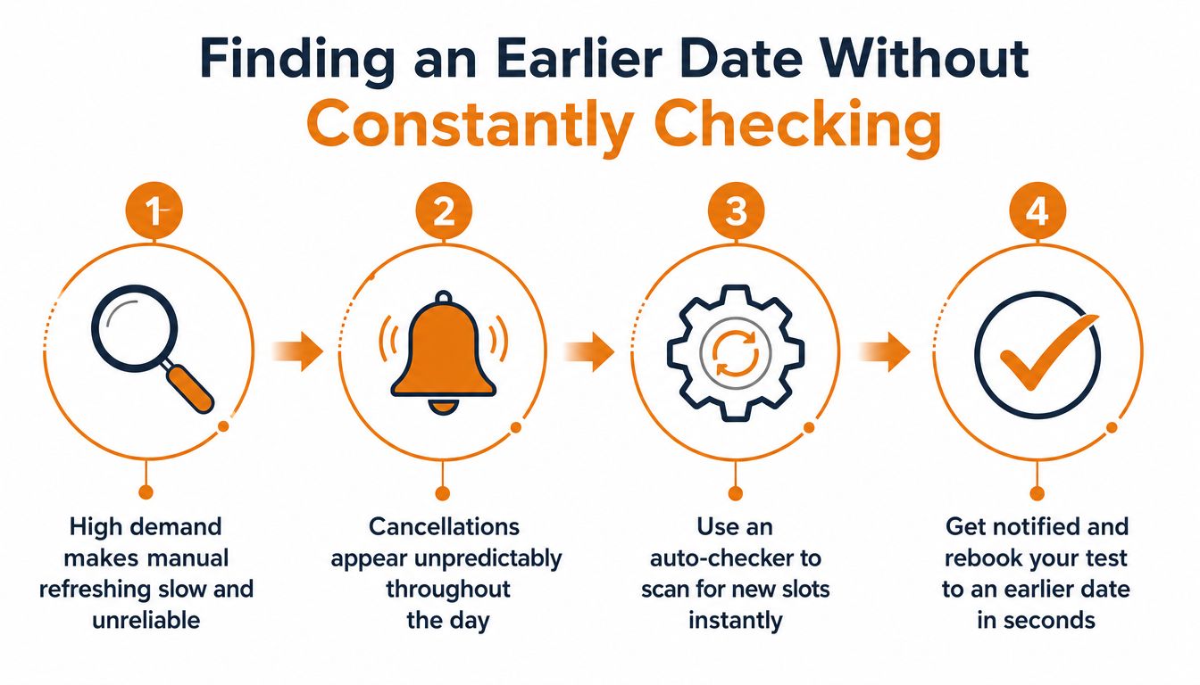 A four-step infographic illustrating how to efficiently find and rebook an earlier driving test date automatically.