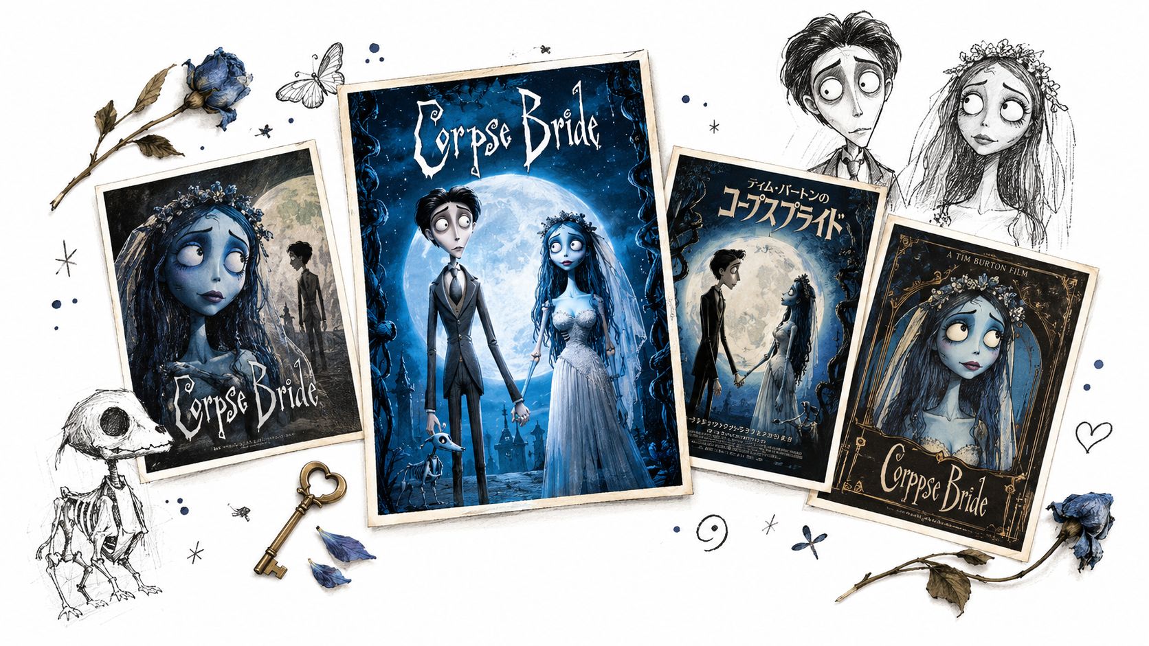 A collection of multiple Corpse Bride movie posters surrounded by sketches of characters, a skeleton dog, and roses.