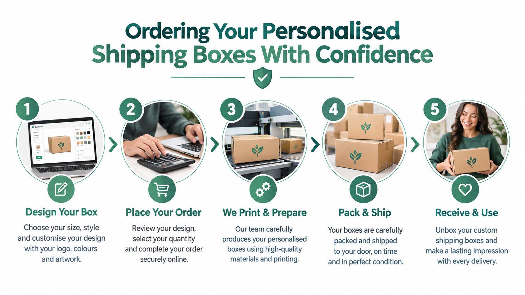 A five-step infographic showing the process of designing, ordering, and receiving personalized shipping boxes for businesses.