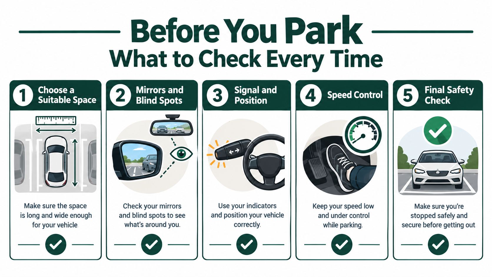 An infographic titled Before You Park featuring five numbered steps on how to safely park a car.