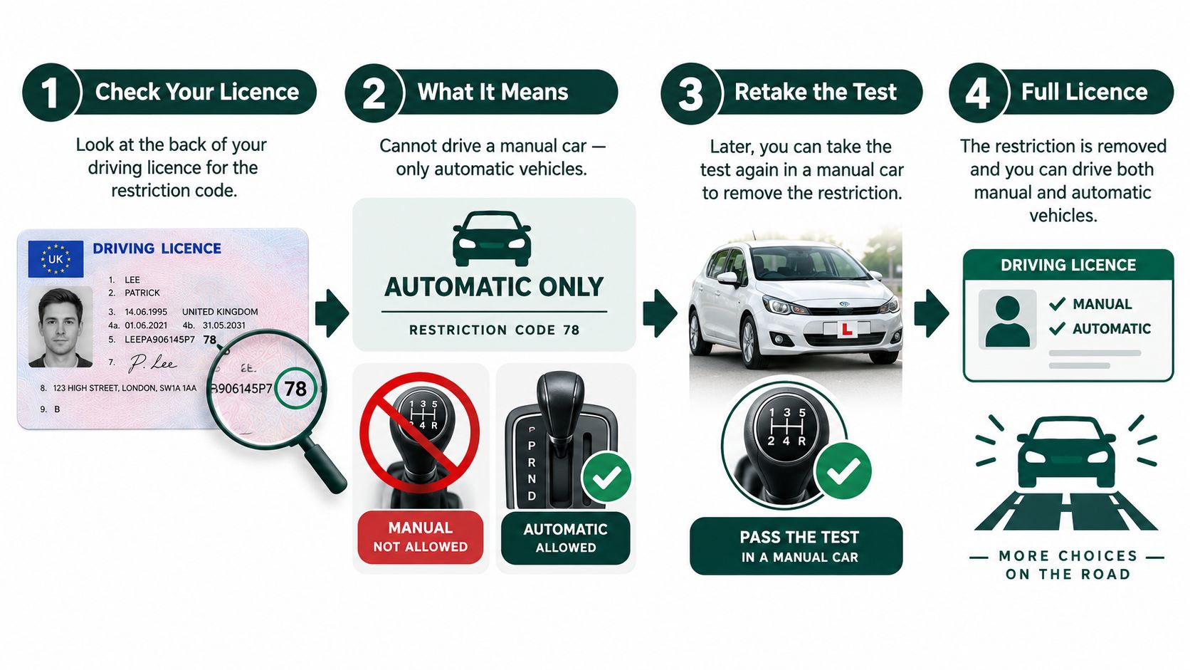 An infographic showing the four-step process to transition from an automatic-only to a full manual driving licence.