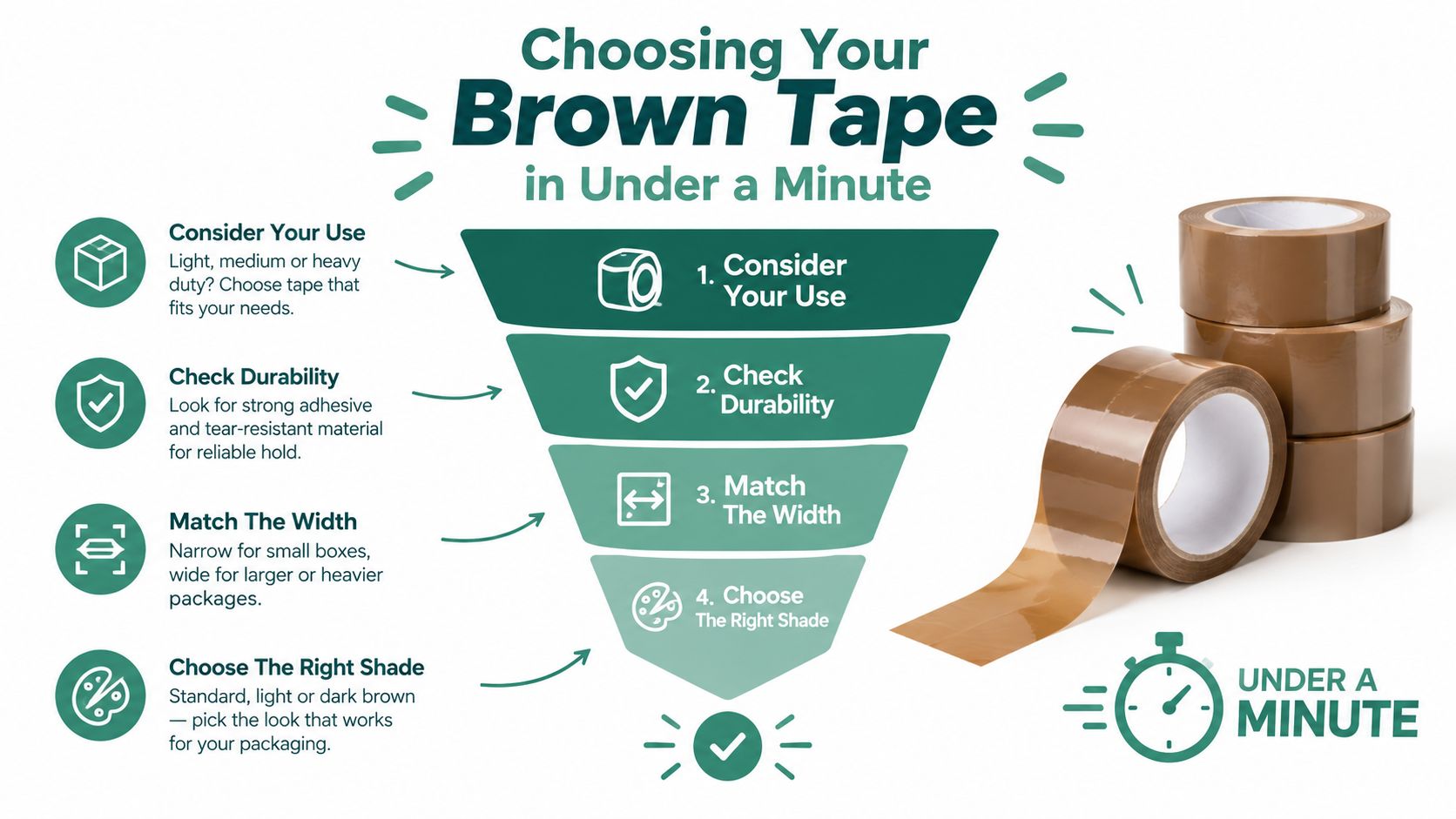 A step-by-step infographic titled Choosing Your Brown Tape demonstrating how to select packaging tape efficiently.