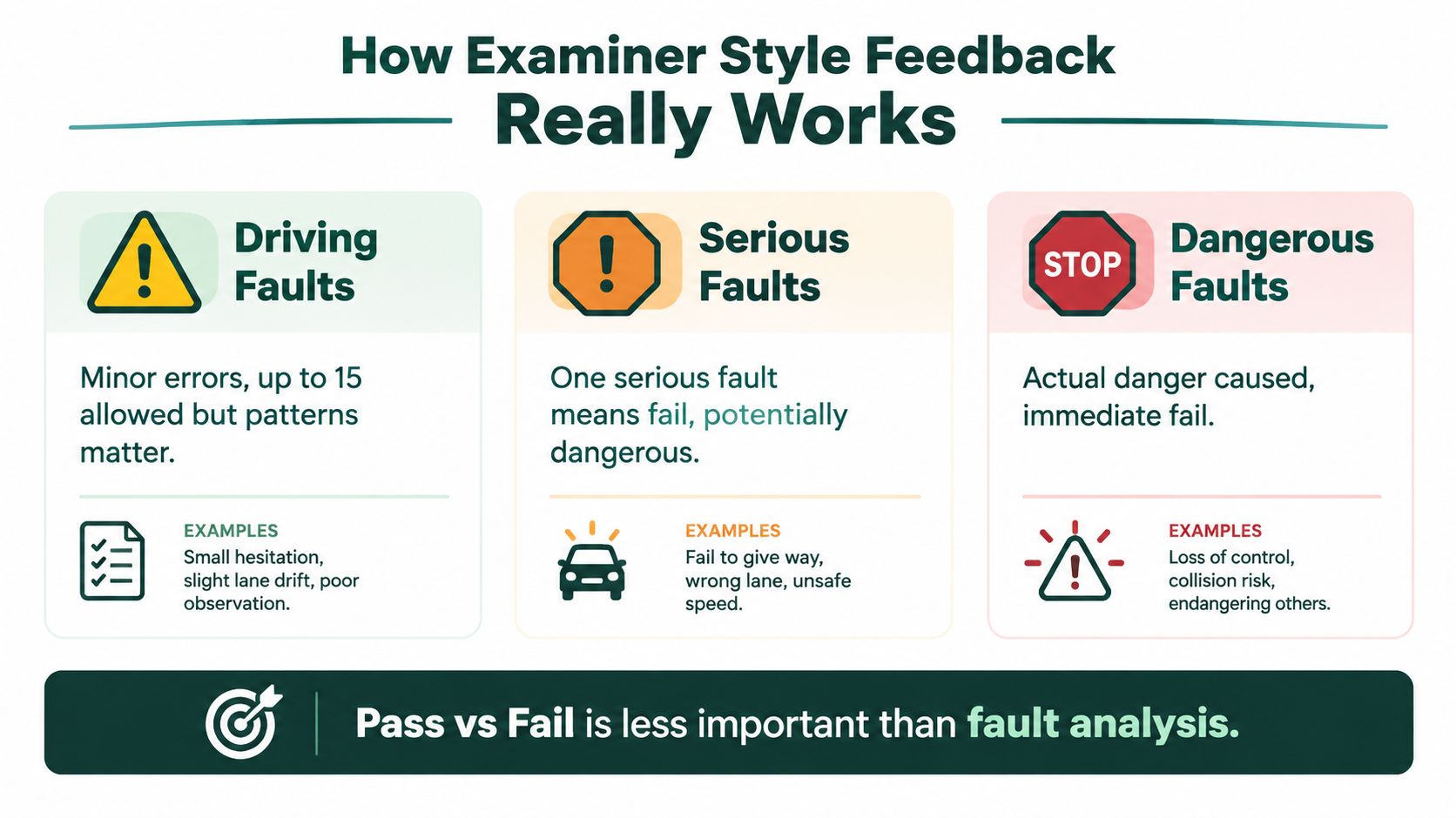 A visual guide explaining driving test feedback categories: Driving Faults, Serious Faults, and Dangerous Faults.