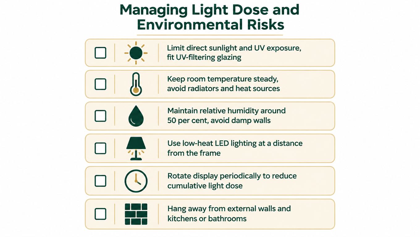 A checklist infographic titled Managing Light Dose and Environmental Risks for preserving artwork and posters.