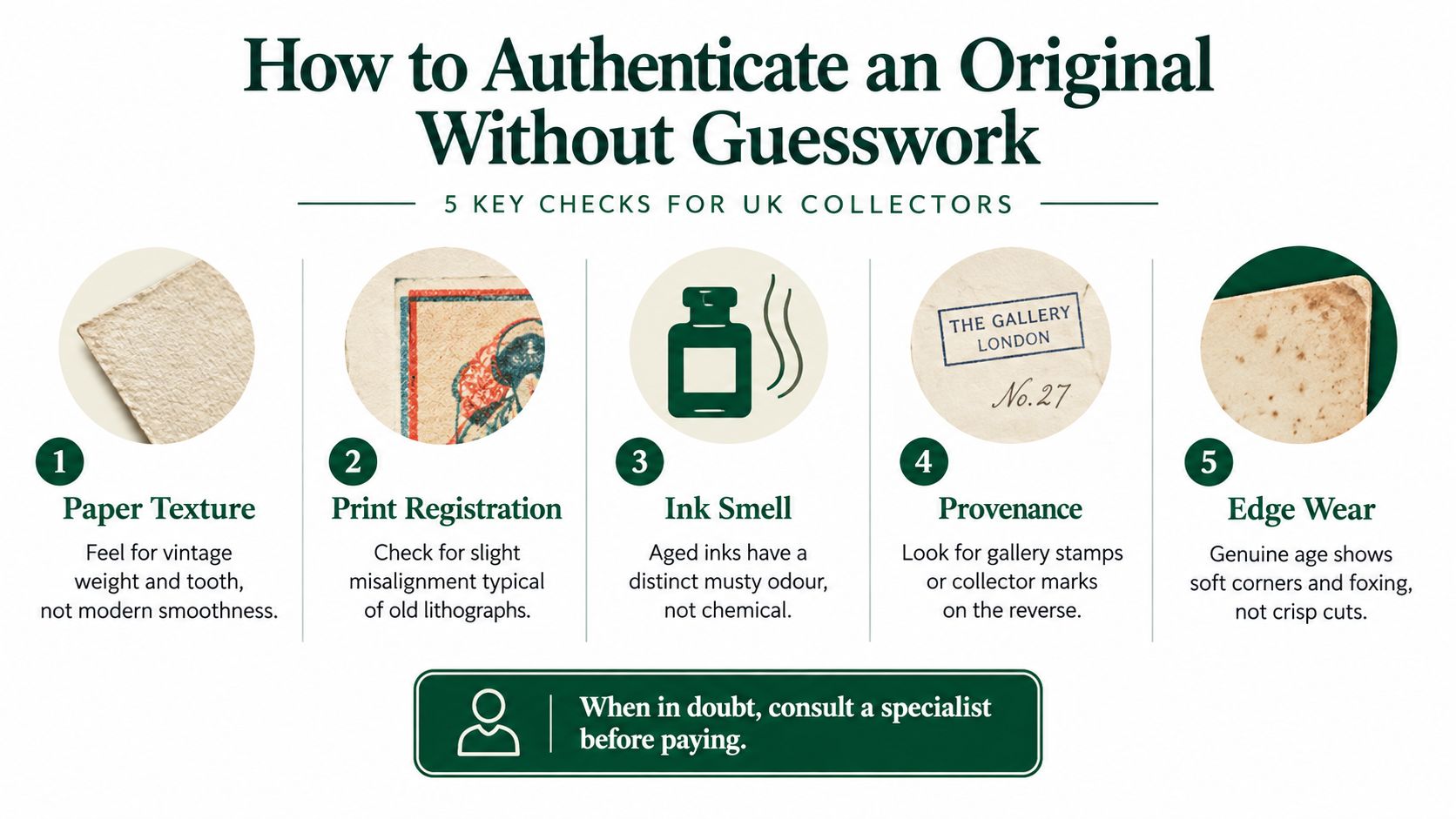 A guide listing five key authentication checks for vintage paper prints and artwork, including texture and provenance.