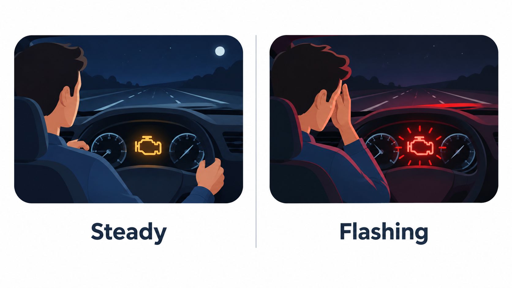 A split illustration comparing a steady yellow engine warning light and a flashing red engine warning light.