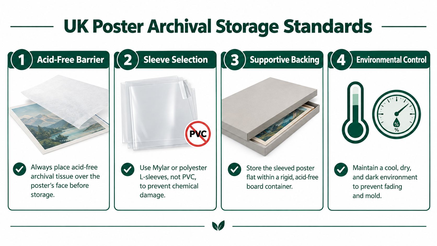 An infographic outlining four essential UK archival standards for preserving antique posters, including environmental and storage guidelines.