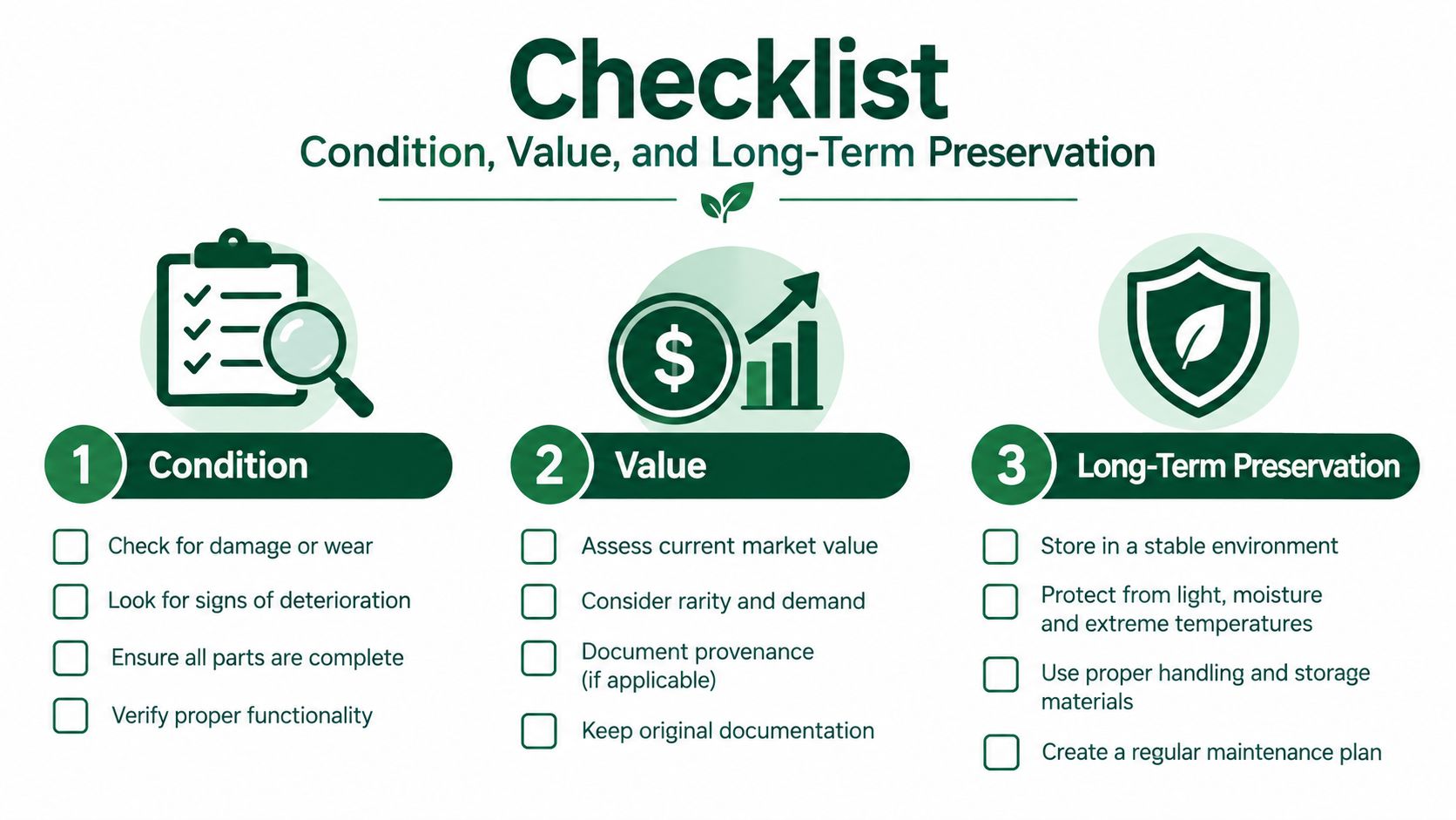 An infographic checklist for evaluating the condition, market value, and long-term preservation of collectible items.