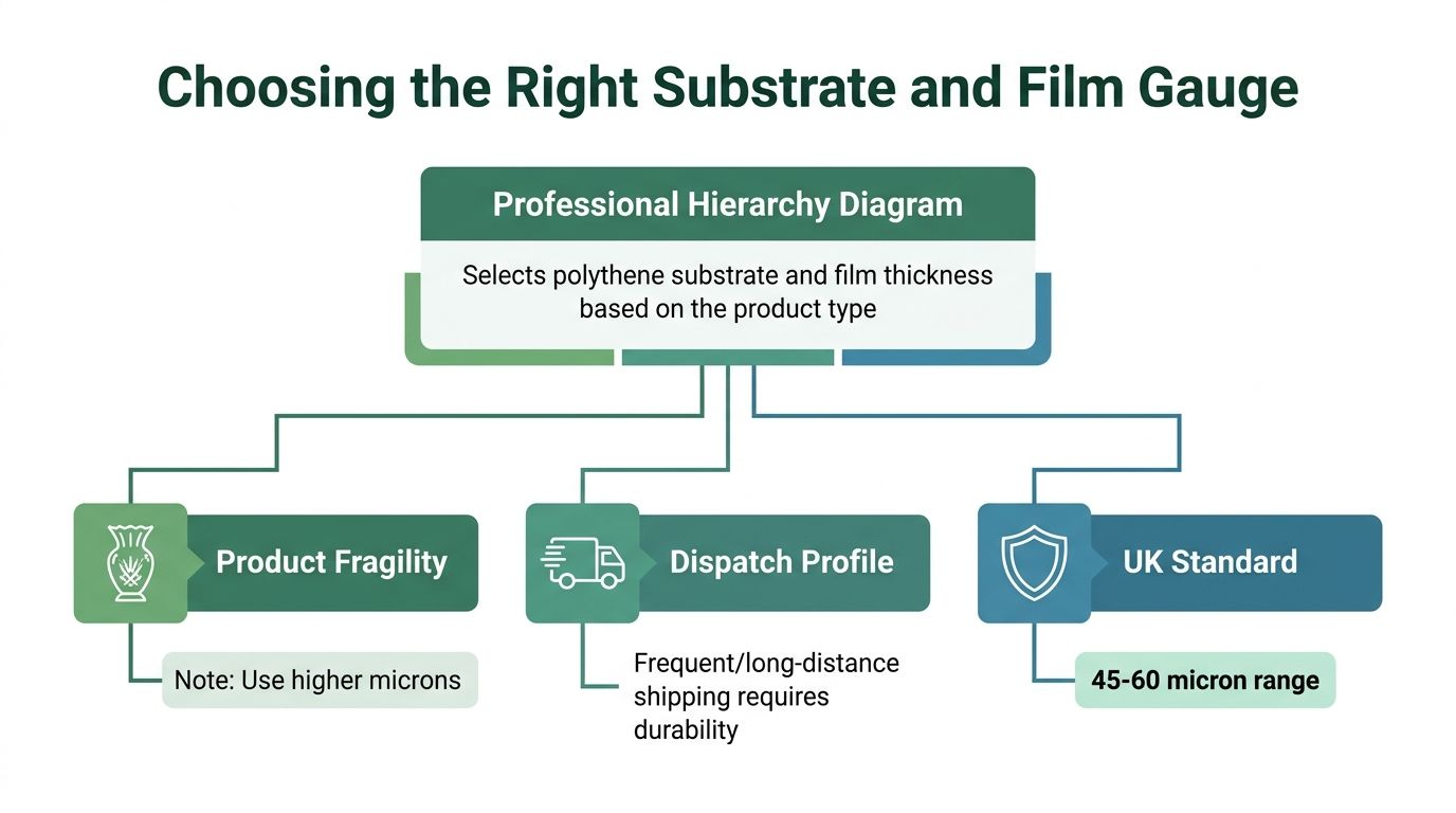 A professional infographic diagram explaining how to choose the right polythene substrate and film thickness for packaging.