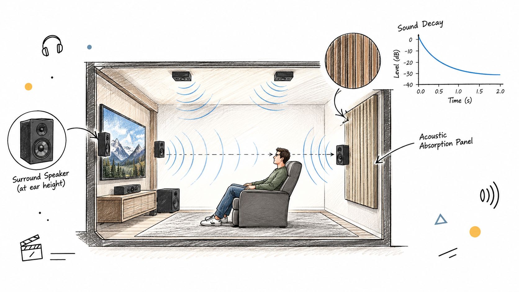 A hand-drawn illustration depicting a home cinema setup with speakers, an acoustic absorption panel, and sound waves.